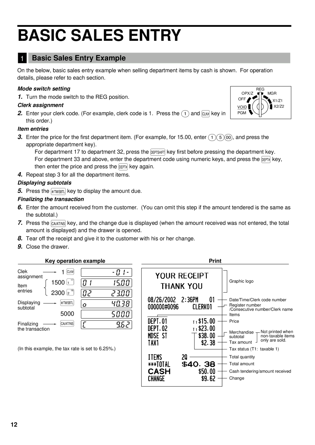 Sharp XE-A201 instruction manual Basic Sales Entry Example, 1500, 5000 