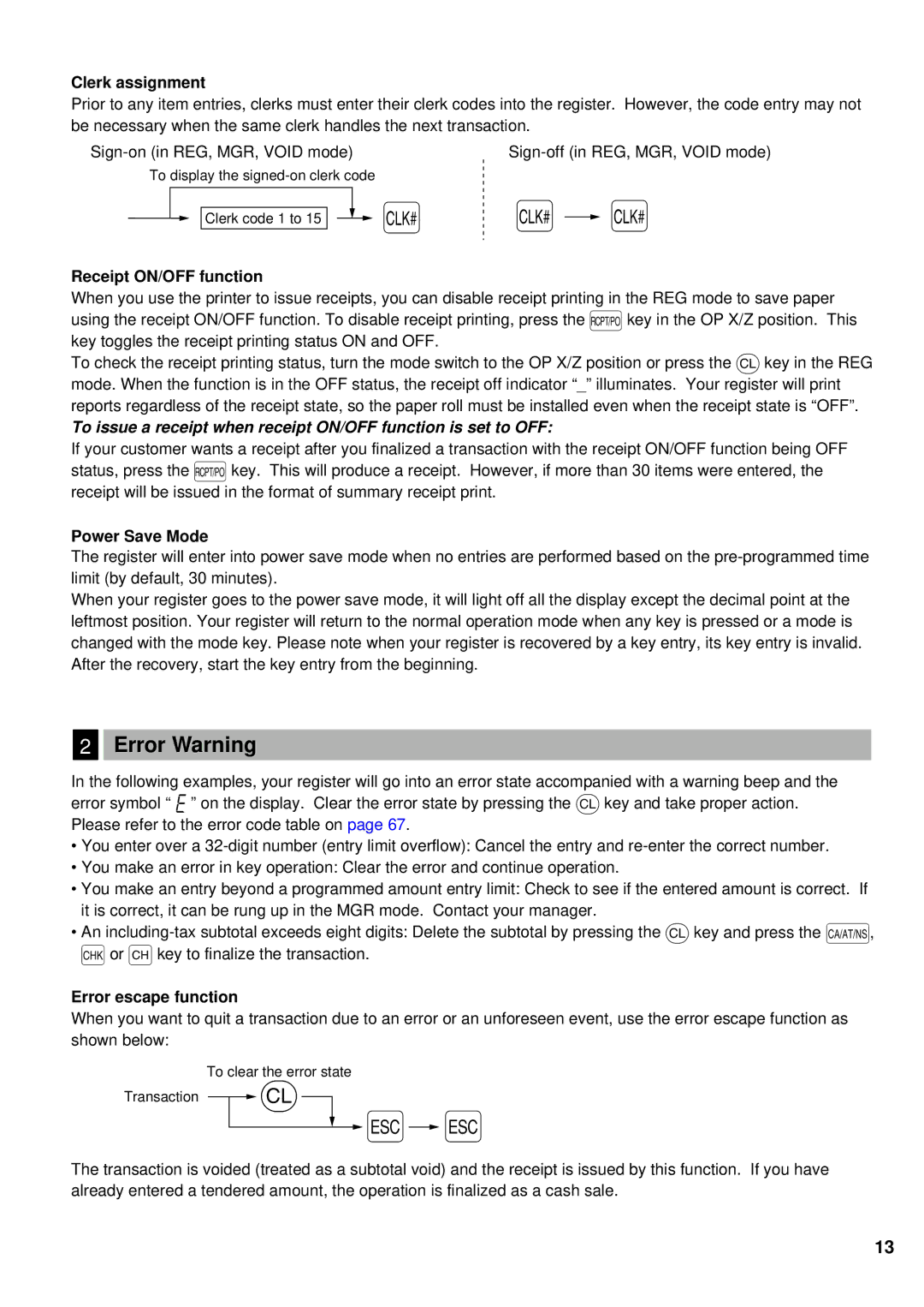 Sharp XE-A201 Error Warning, Clerk assignment, Receipt ON/OFF function, Power Save Mode, Error escape function 