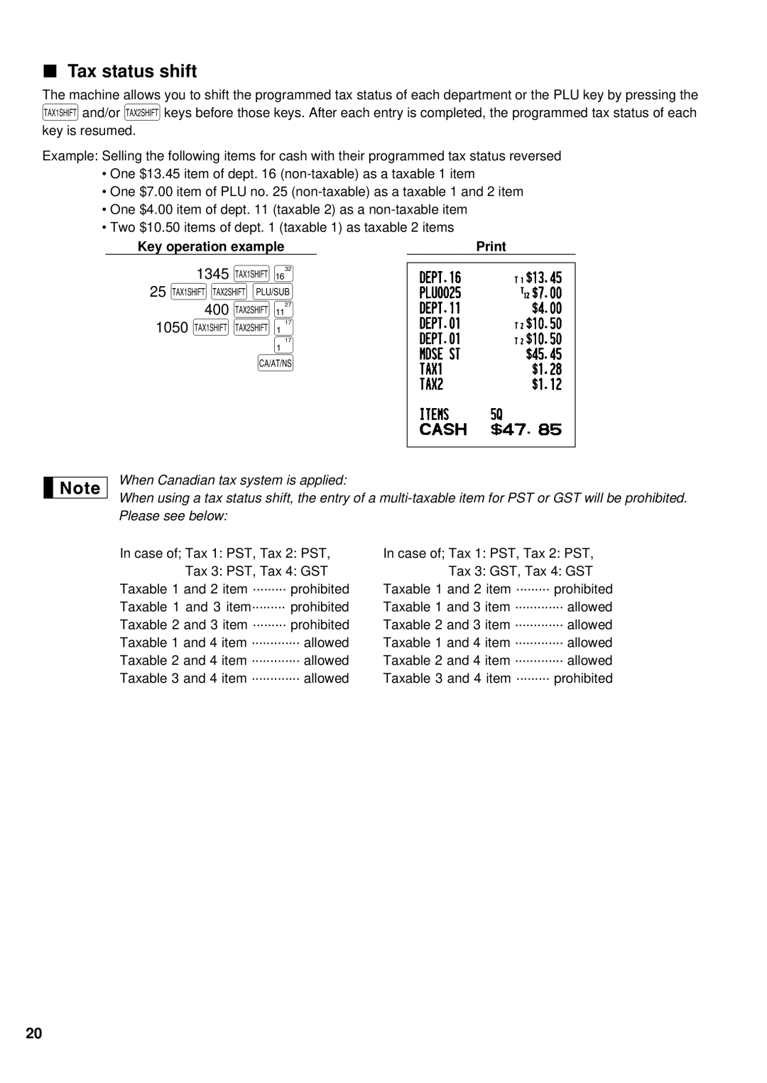 Sharp XE-A201 instruction manual TUp 400 U, Tax status shift, 1345 T, 1050 TU 