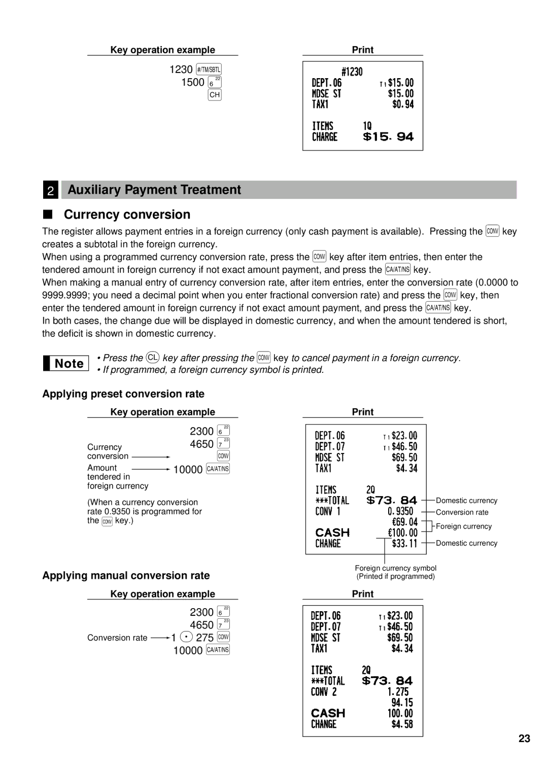 Sharp XE-A201 instruction manual Auxiliary Payment Treatment Currency conversion, Applying preset conversion rate 