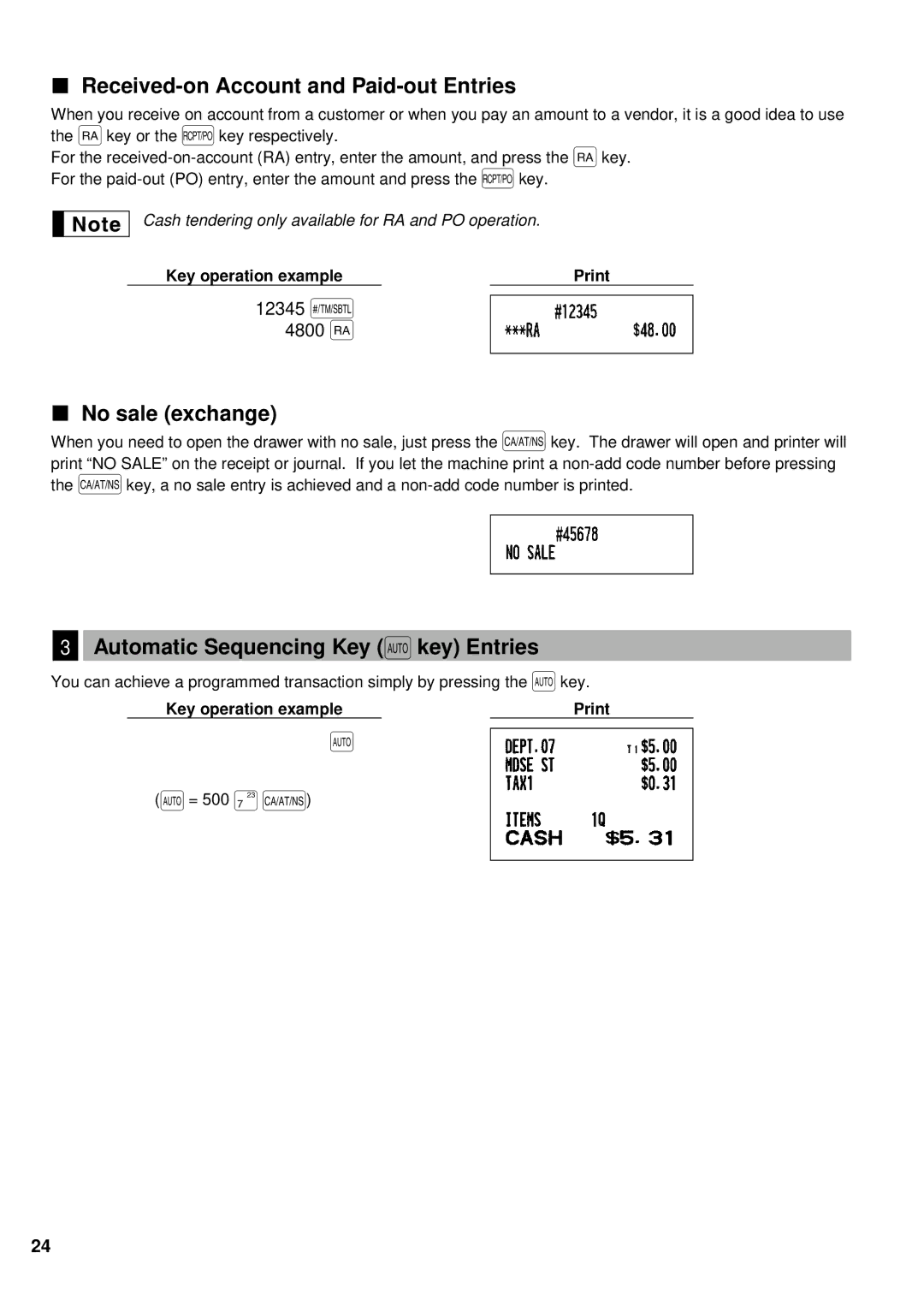 Sharp XE-A201 Received-on Account and Paid-out Entries, No sale exchange, Automatic Sequencing Key a key Entries 