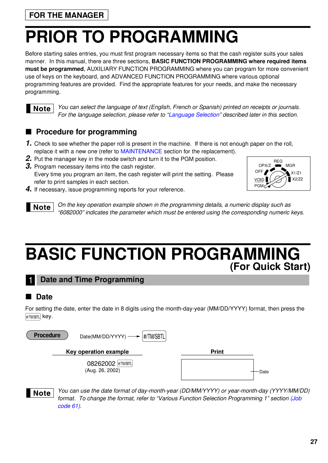 Sharp XE-A201 Prior to Programming, Basic Function Programming, Procedure for programming, Date and Time Programming 