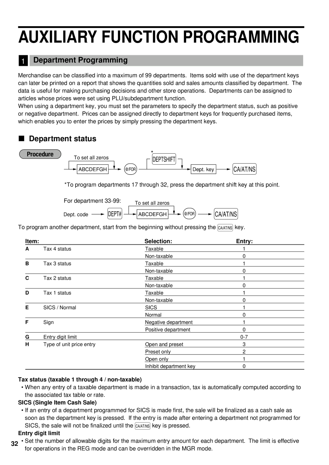 Sharp XE-A201 instruction manual Auxiliary Function Programming, Department Programming, Department status 