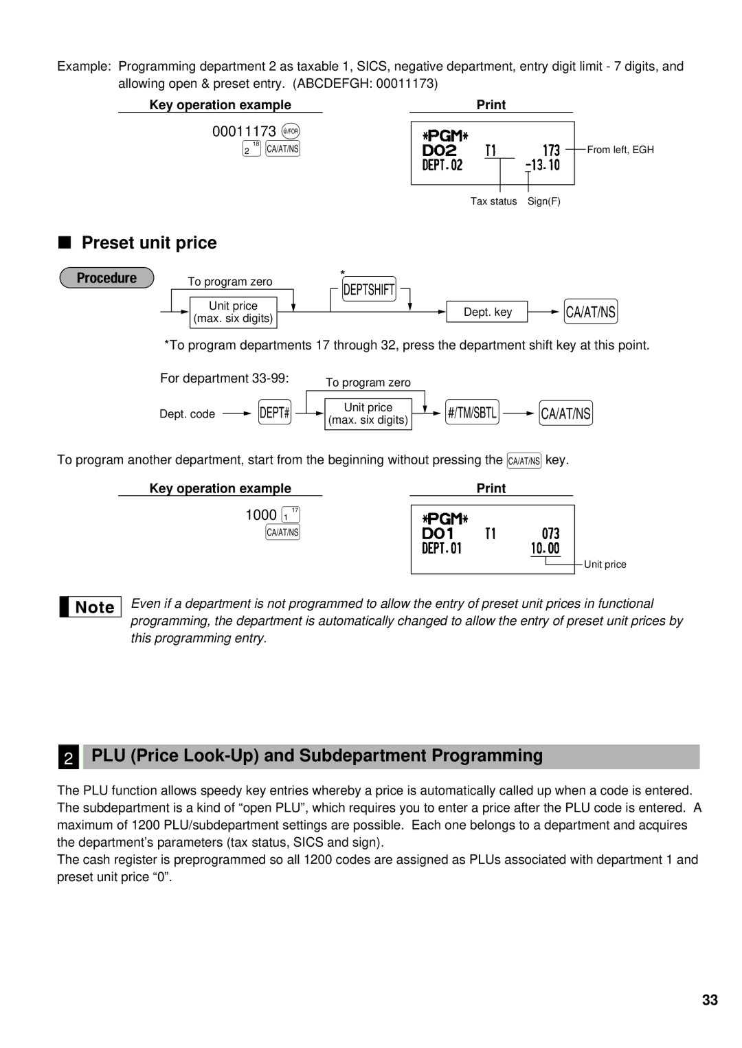 Sharp XE-A201 instruction manual Preset unit price, PLU Price Look-Up and Subdepartment Programming, 00011173 @, 1000 