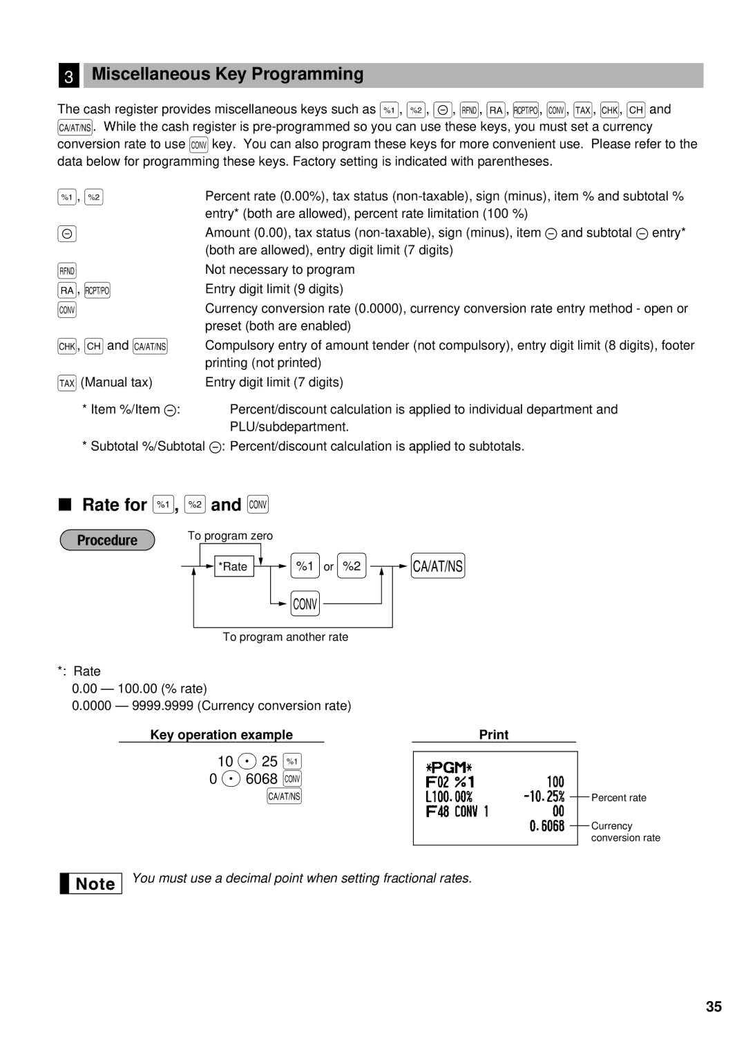 Sharp XE-A201 instruction manual Miscellaneous Key Programming, Rate for %, &and, 10 P 25 % 6068 