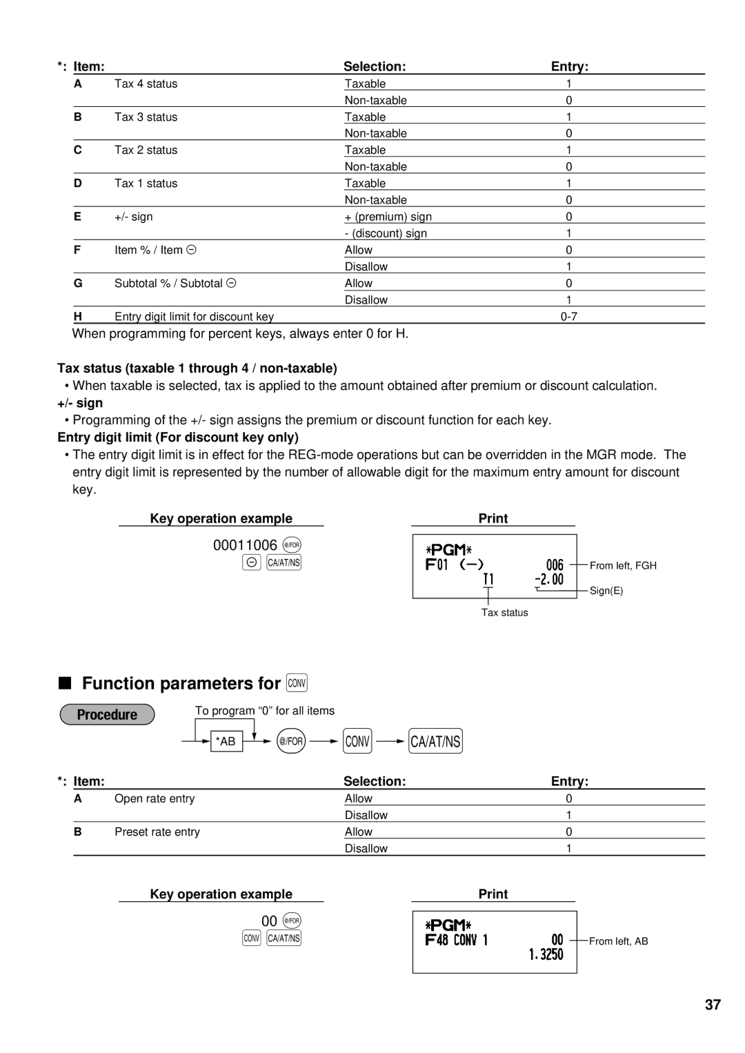 Sharp XE-A201 Function parameters for, 00011006 @, 00 @, +/- sign, Entry digit limit For discount key only 