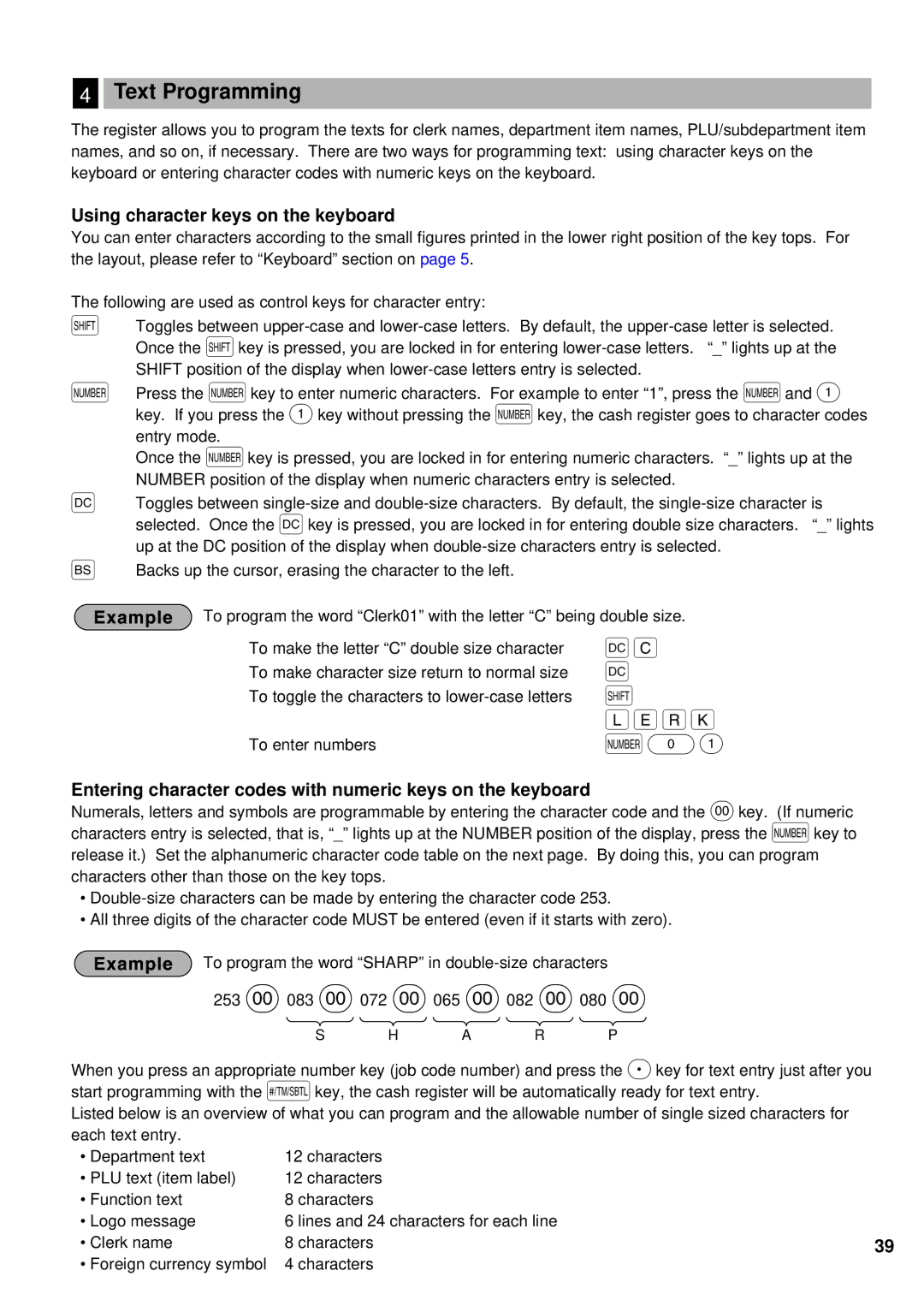 Sharp XE-A201 instruction manual Text Programming, Using character keys on the keyboard 