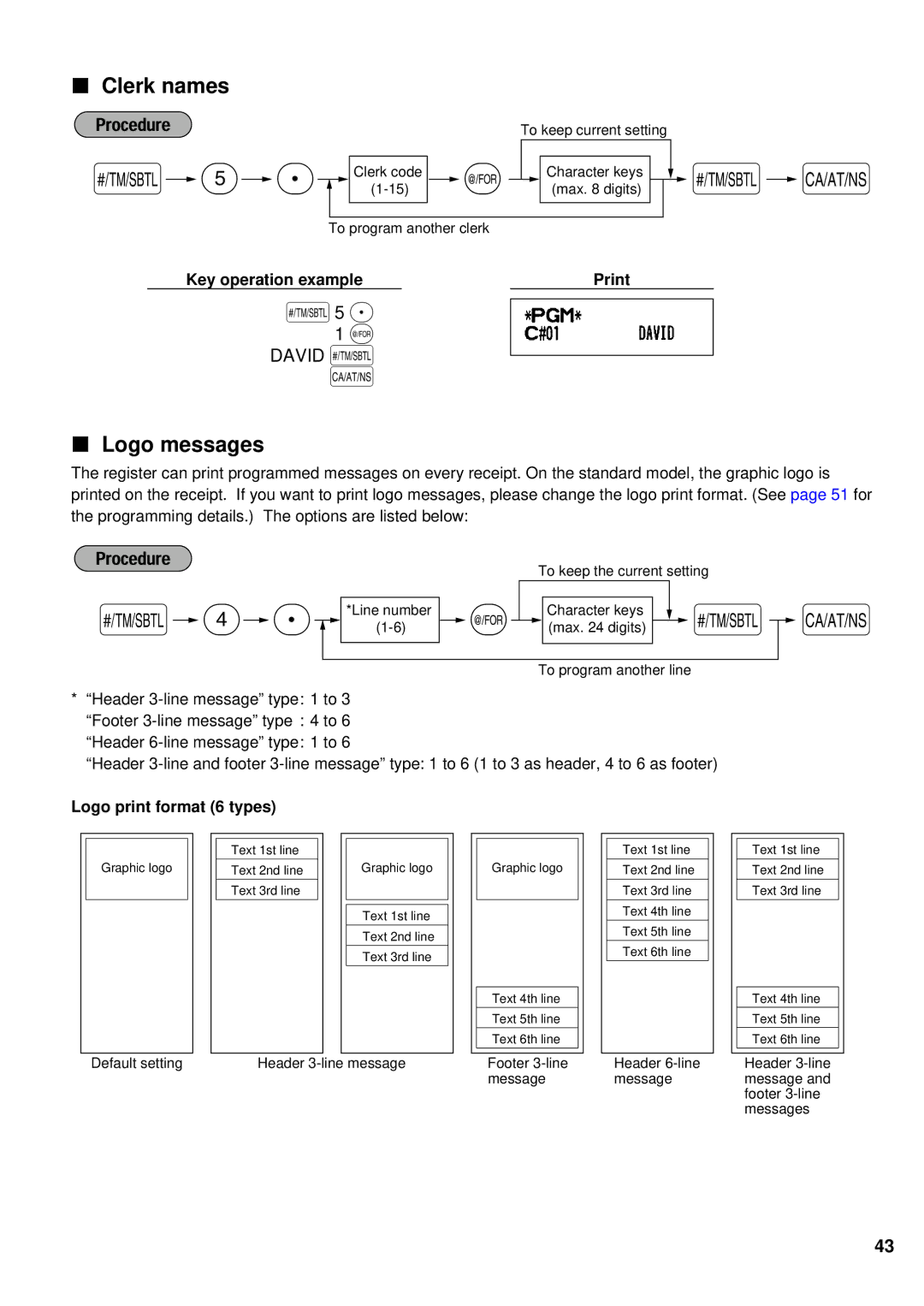 Sharp XE-A201 instruction manual Clerk names, Logo messages, David s, Logo print format 6 types 