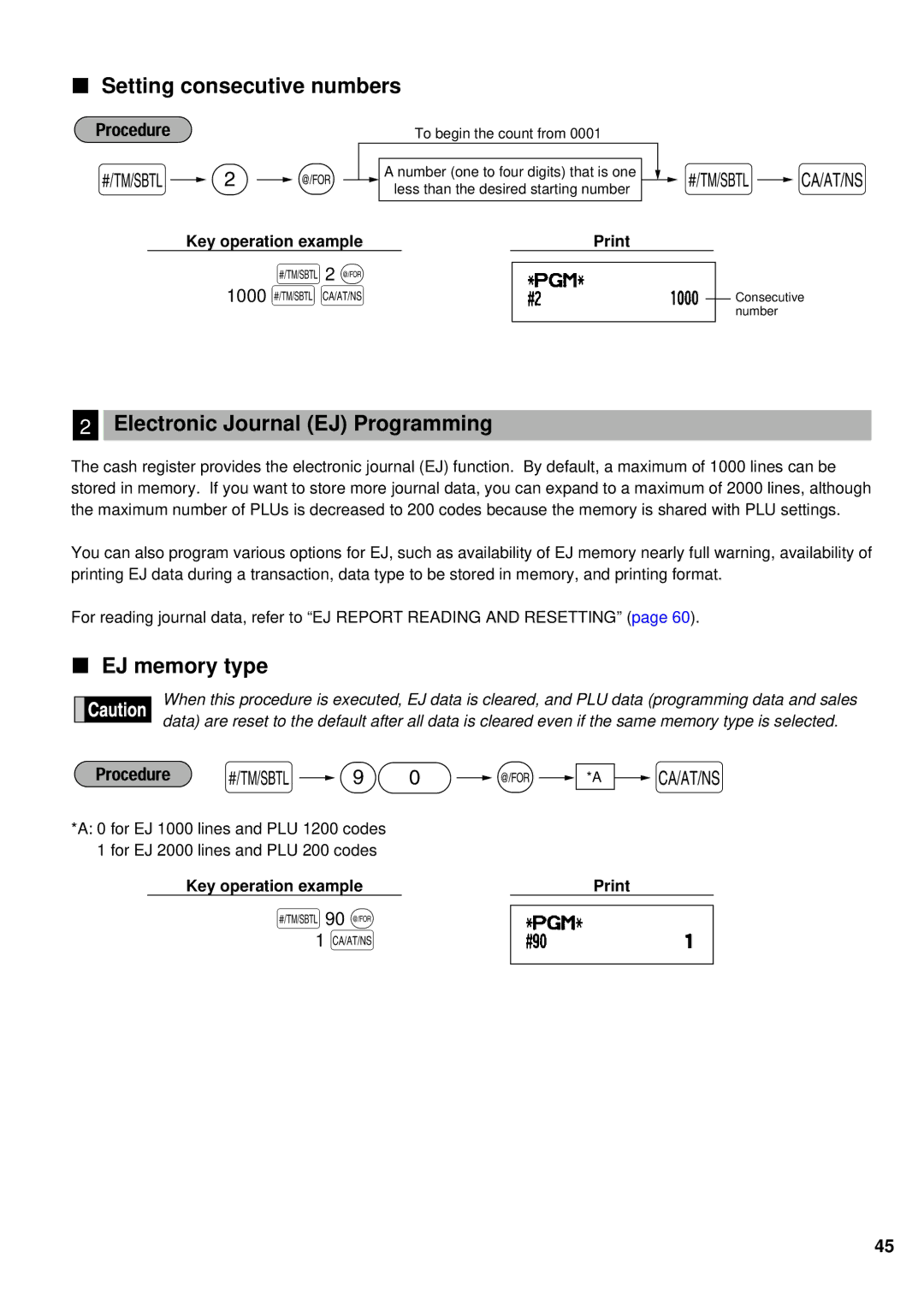 Sharp XE-A201 instruction manual S2 @, Setting consecutive numbers, Electronic Journal EJ Programming, EJ memory type 