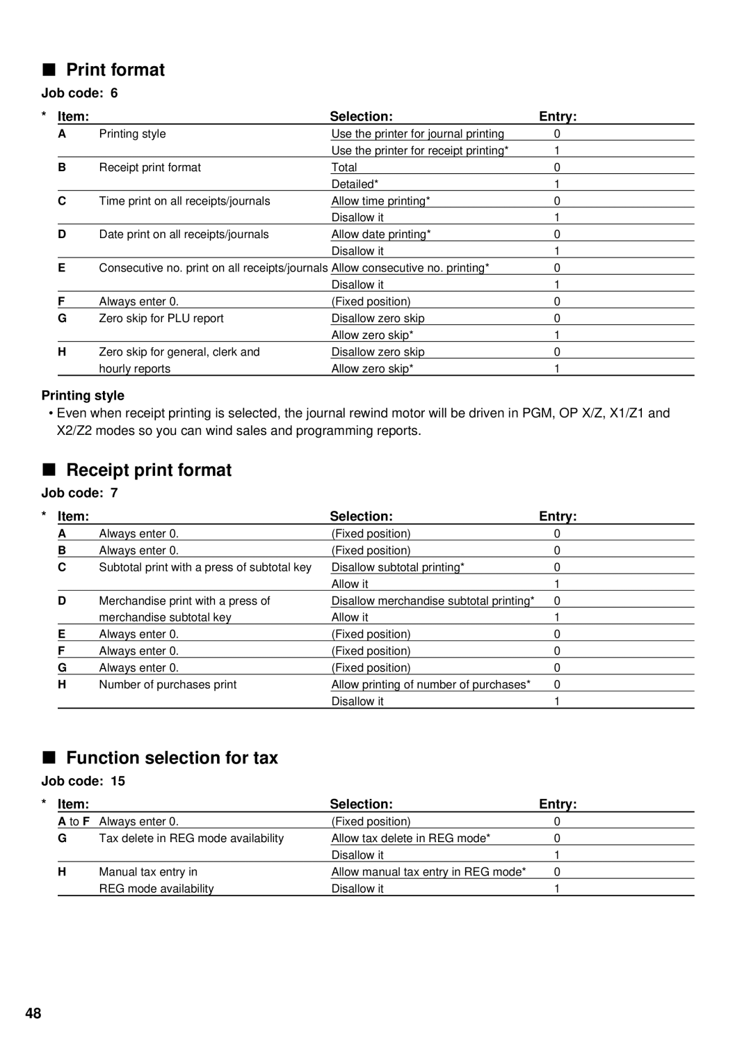 Sharp XE-A201 instruction manual Print format, Receipt print format, Function selection for tax, Printing style 