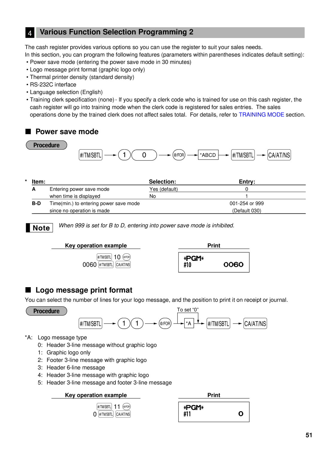 Sharp XE-A201 instruction manual Power save mode, Logo message print format, S10 @ 0060 sA, S11 @ 