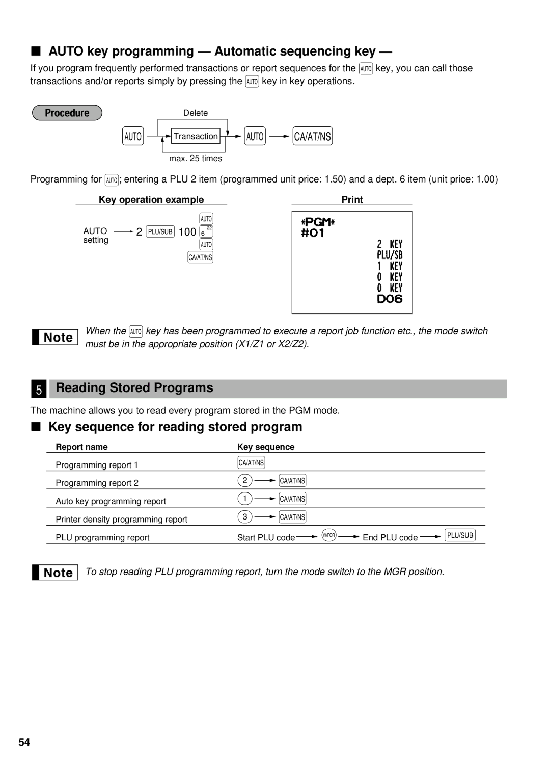 Sharp XE-A201 instruction manual Auto key programming Automatic sequencing key, Reading Stored Programs, Auto 2 p100 + 