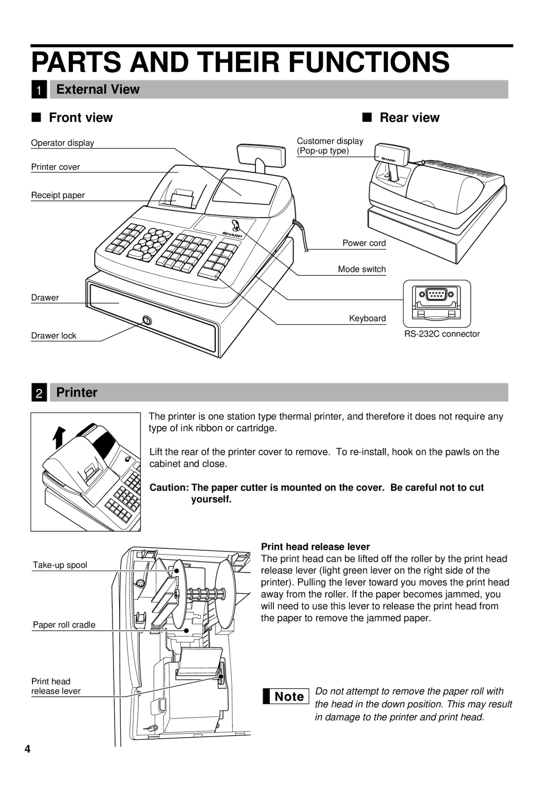 Sharp XE-A201 instruction manual Parts and Their Functions, External View Front view, Printer, Print head release lever 