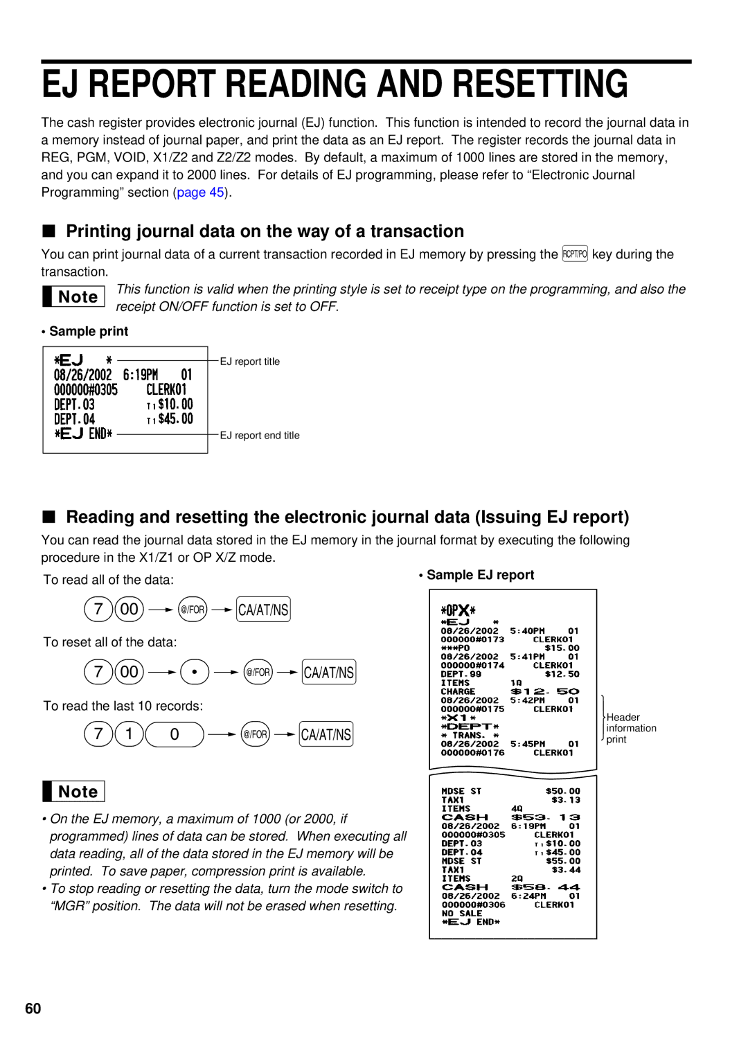 Sharp XE-A201 instruction manual Printing journal data on the way of a transaction, Sample print, Sample EJ report 