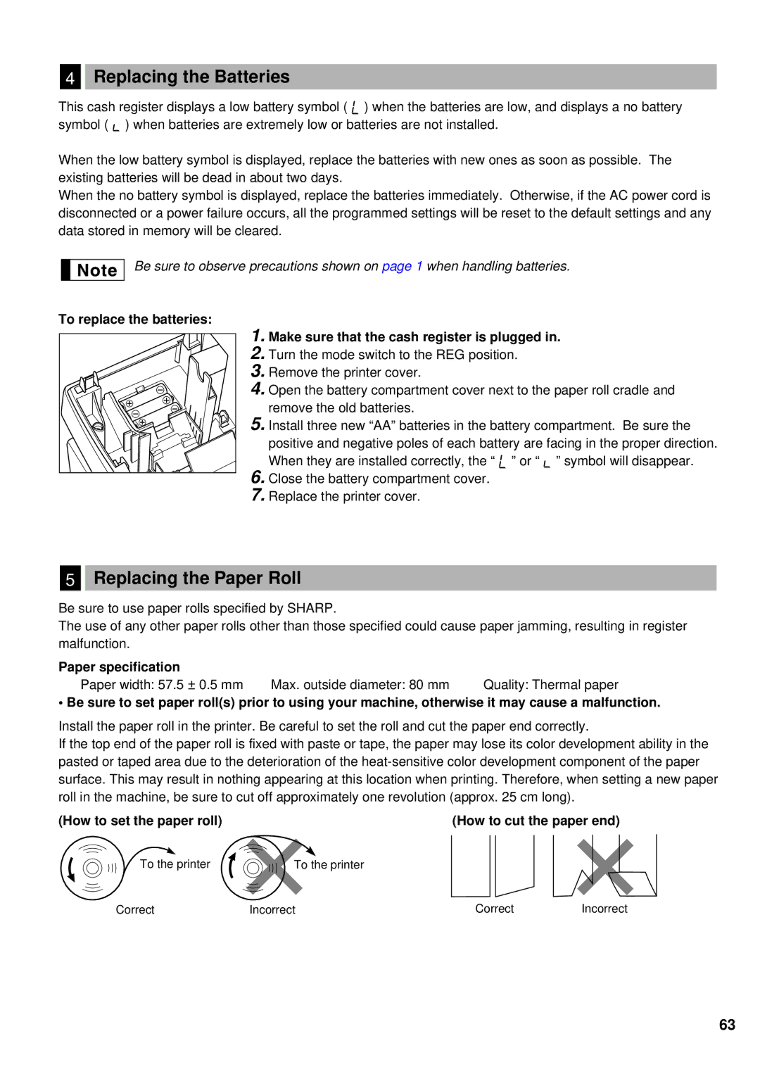 Sharp XE-A201 instruction manual Replacing the Batteries, Replacing the Paper Roll, Paper specification 