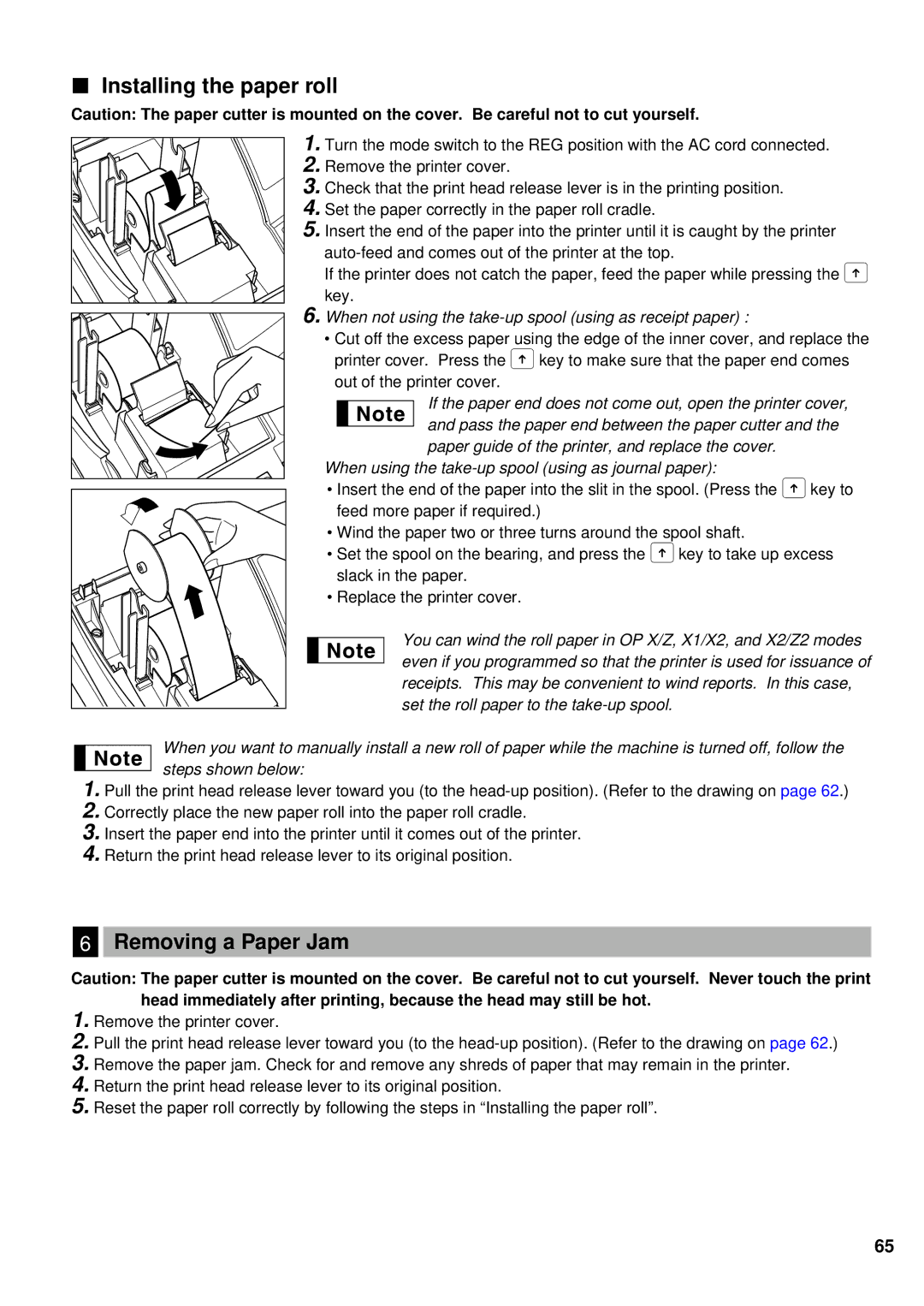 Sharp XE-A201 instruction manual Installing the paper roll, Removing a Paper Jam 