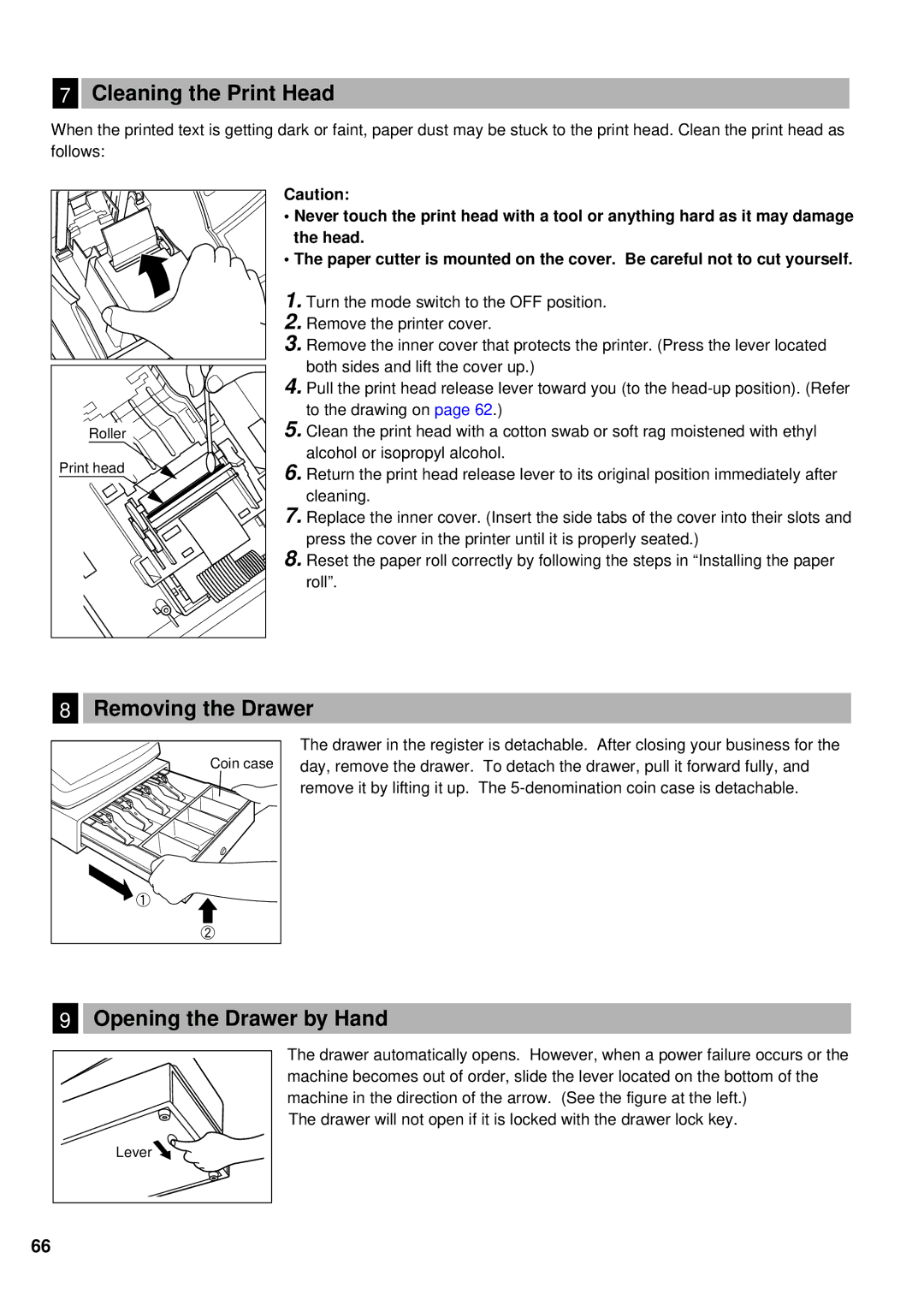 Sharp XE-A201 instruction manual Cleaning the Print Head, Removing the Drawer, Opening the Drawer by Hand 