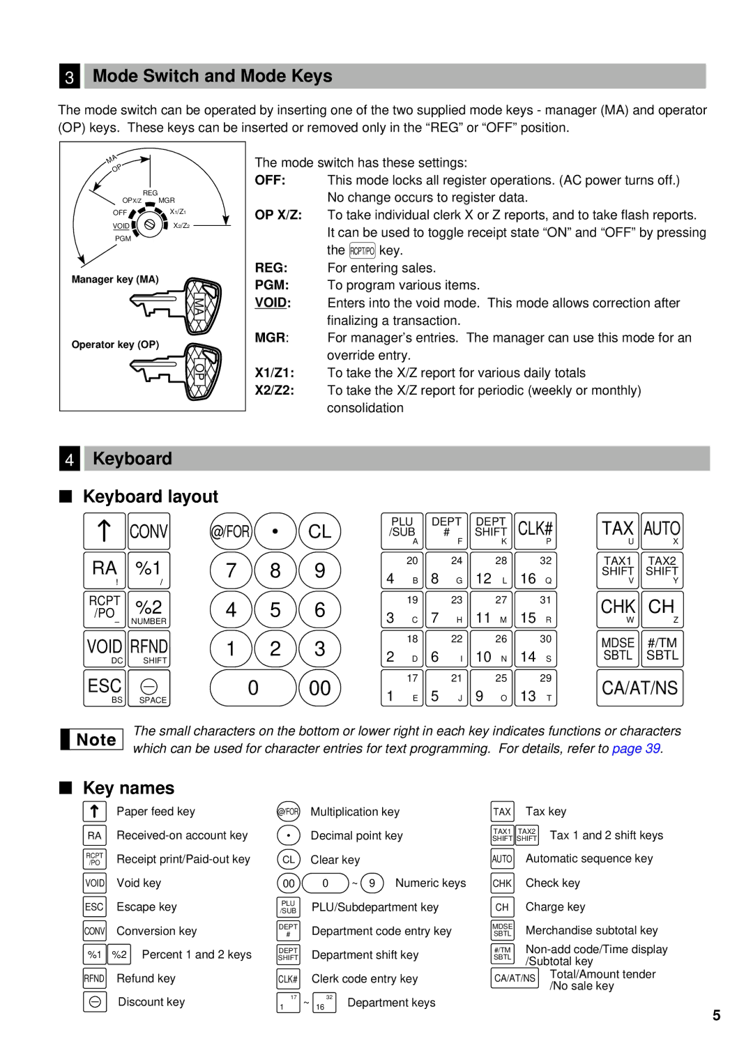 Sharp XE-A201 instruction manual Mode Switch and Mode Keys, Keyboard layout, Key names, 11 M 