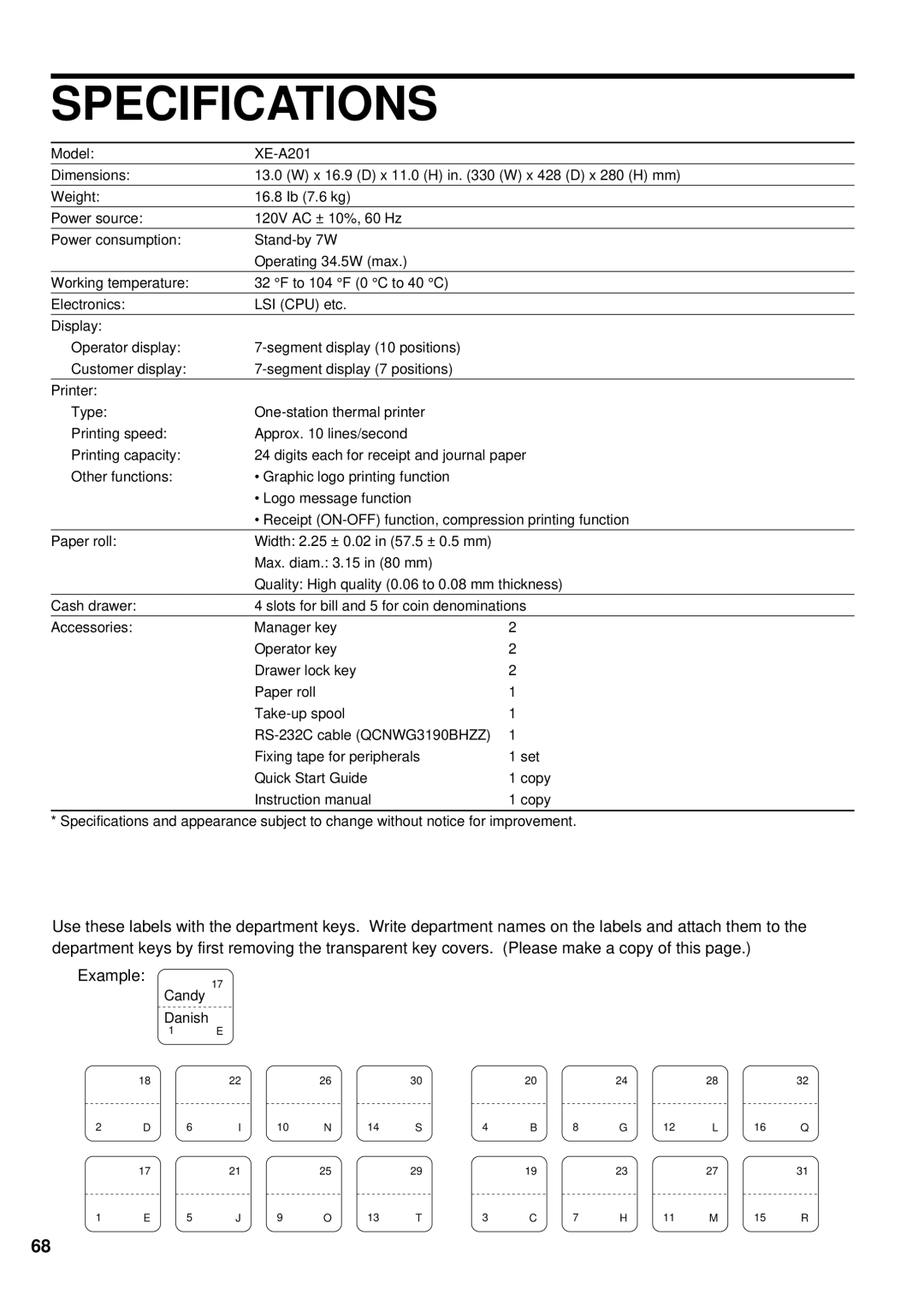 Sharp XE-A201 instruction manual Specifications 