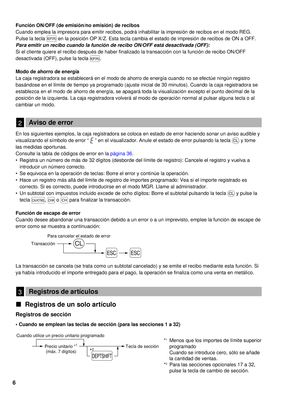 Sharp XE-A201 instruction manual Aviso de error, Registros de artículos Registros de un solo artículo, Registros de sección 