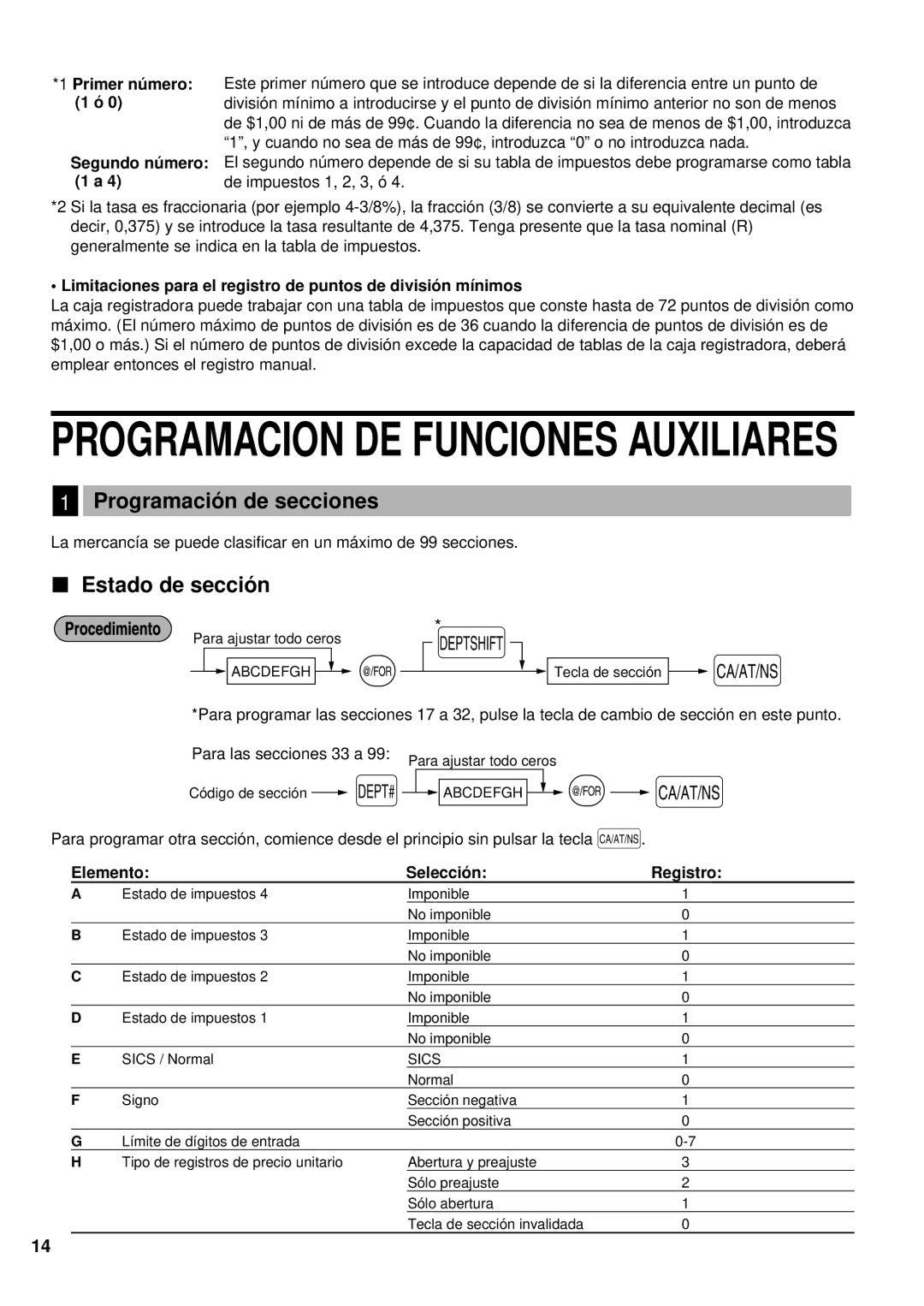 Sharp XE-A201 instruction manual Programació n de secciones, Estado de secció n, Primer nú mero 1 ó Segundo nú mero 1 a 