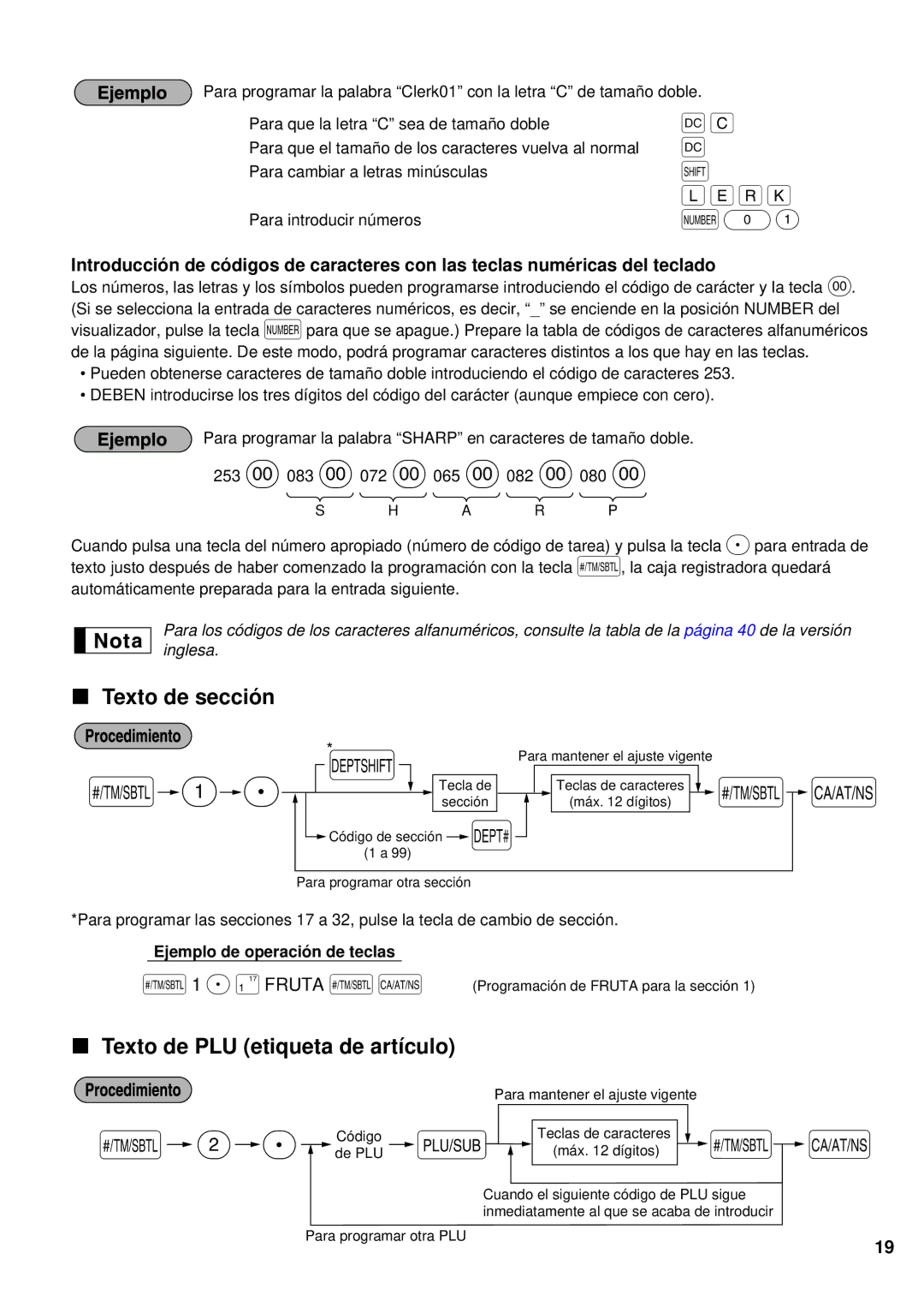 Sharp XE-A201 instruction manual Texto de sección, Texto de PLU etiqueta de artículo, S1 P!FRUTA sA 