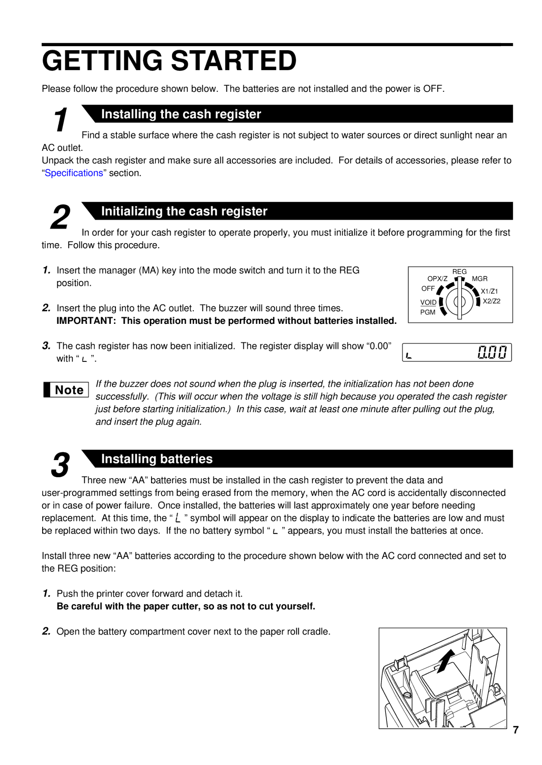 Sharp XE-A201 instruction manual Getting Started, Be careful with the paper cutter, so as not to cut yourself 