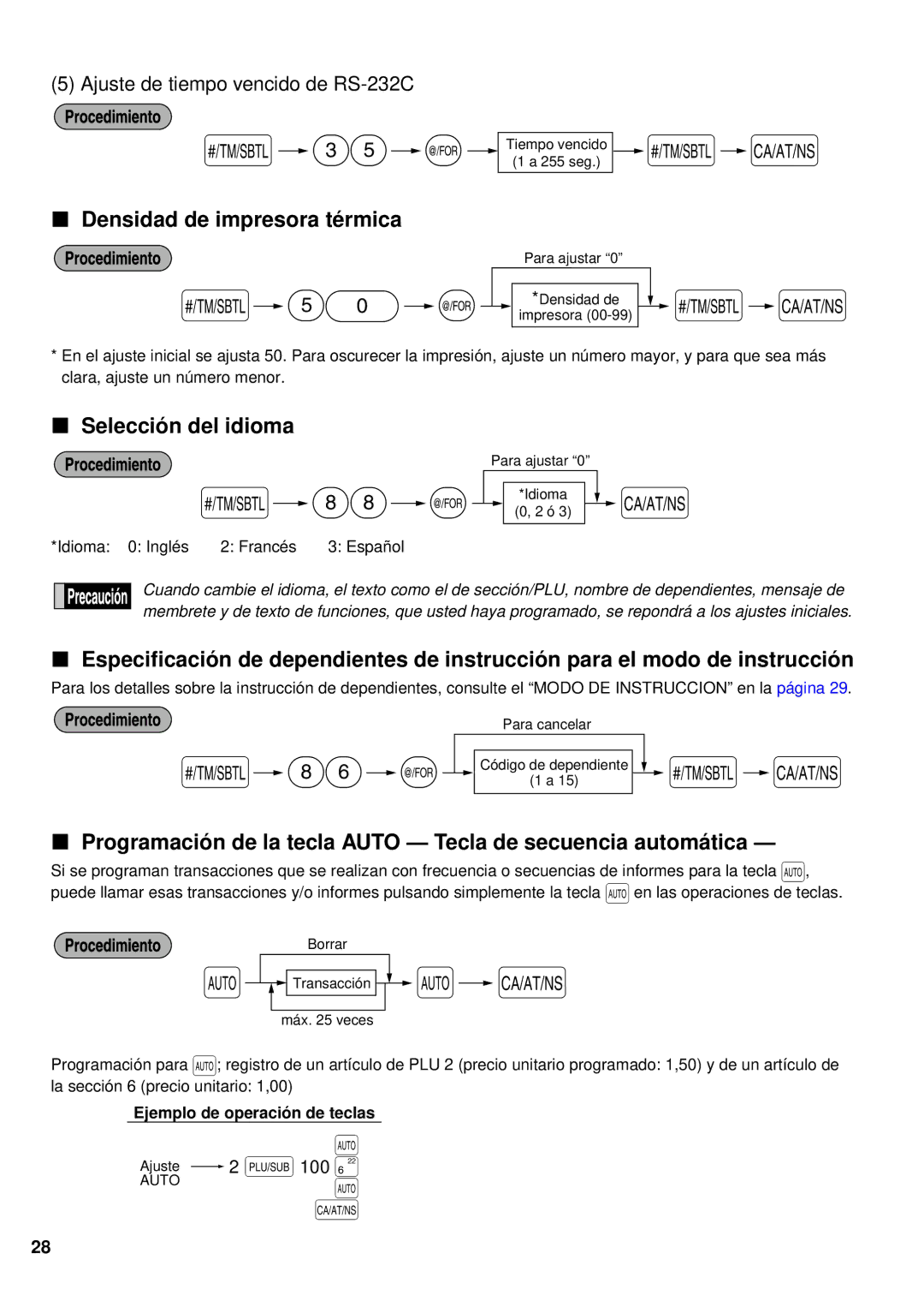 Sharp XE-A201 instruction manual Densidad de impresora térmica, Selección del idioma 