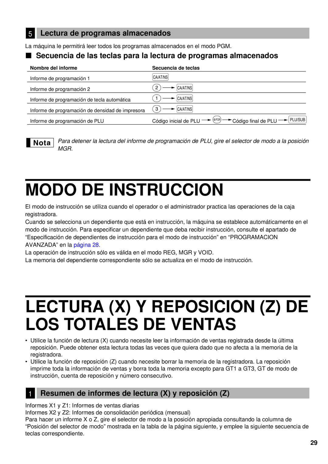 Sharp XE-A201 Modo DE Instruccion, Lectura X Y Reposicion Z DE LOS Totales DE Ventas, Lectura de programas almacenados 