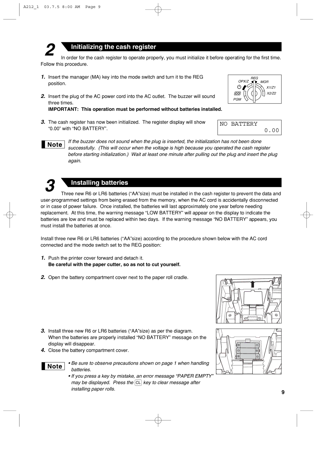 Sharp XE-A212 Initializing the cash register, Be careful with the paper cutter, so as not to cut yourself 