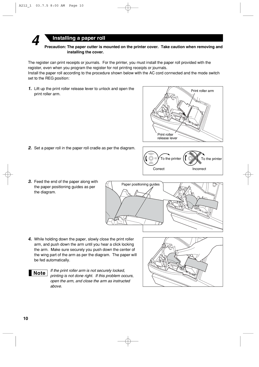 Sharp XE-A212 instruction manual Installing a paper roll 