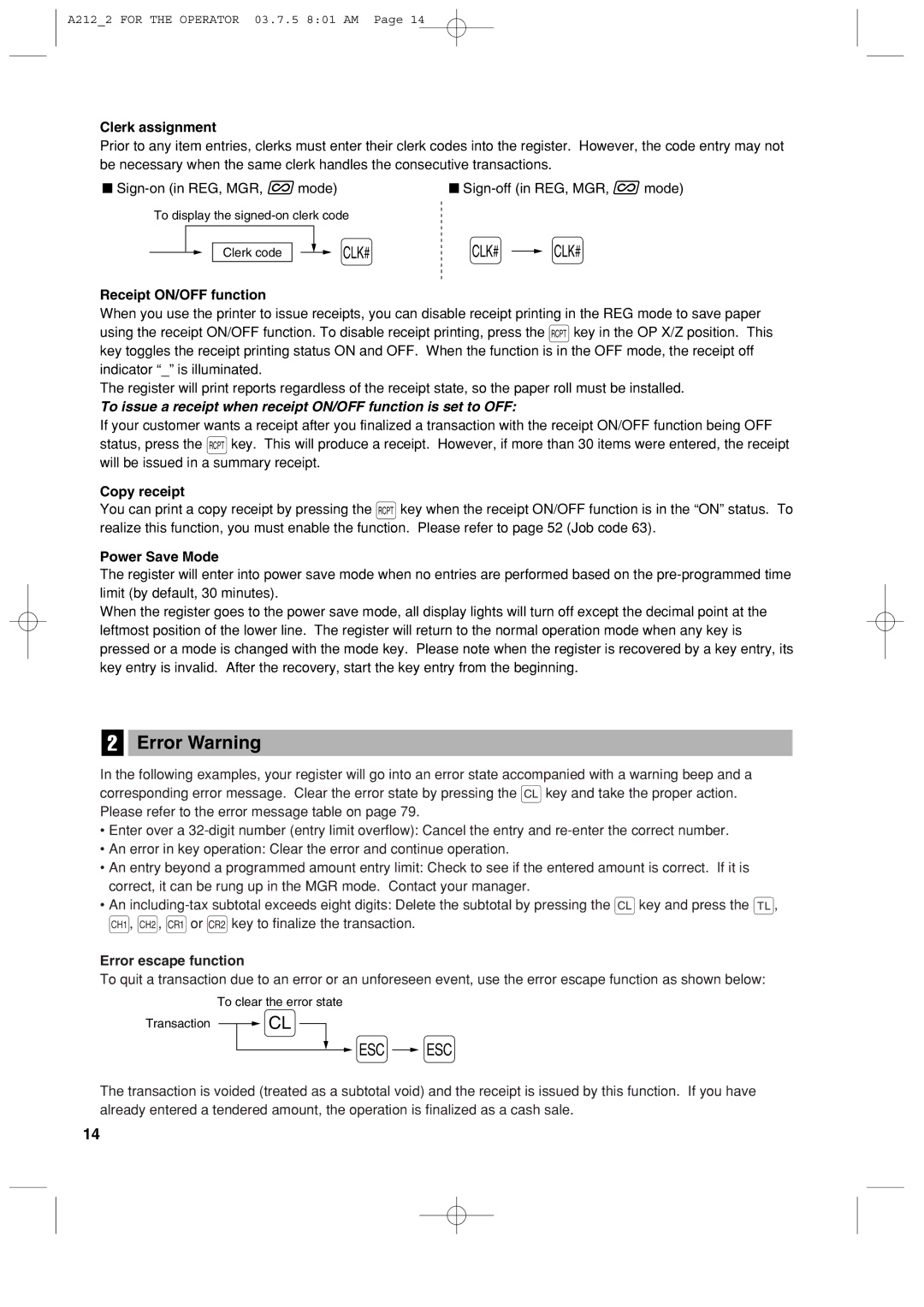 Sharp XE-A212 instruction manual Error Warning 