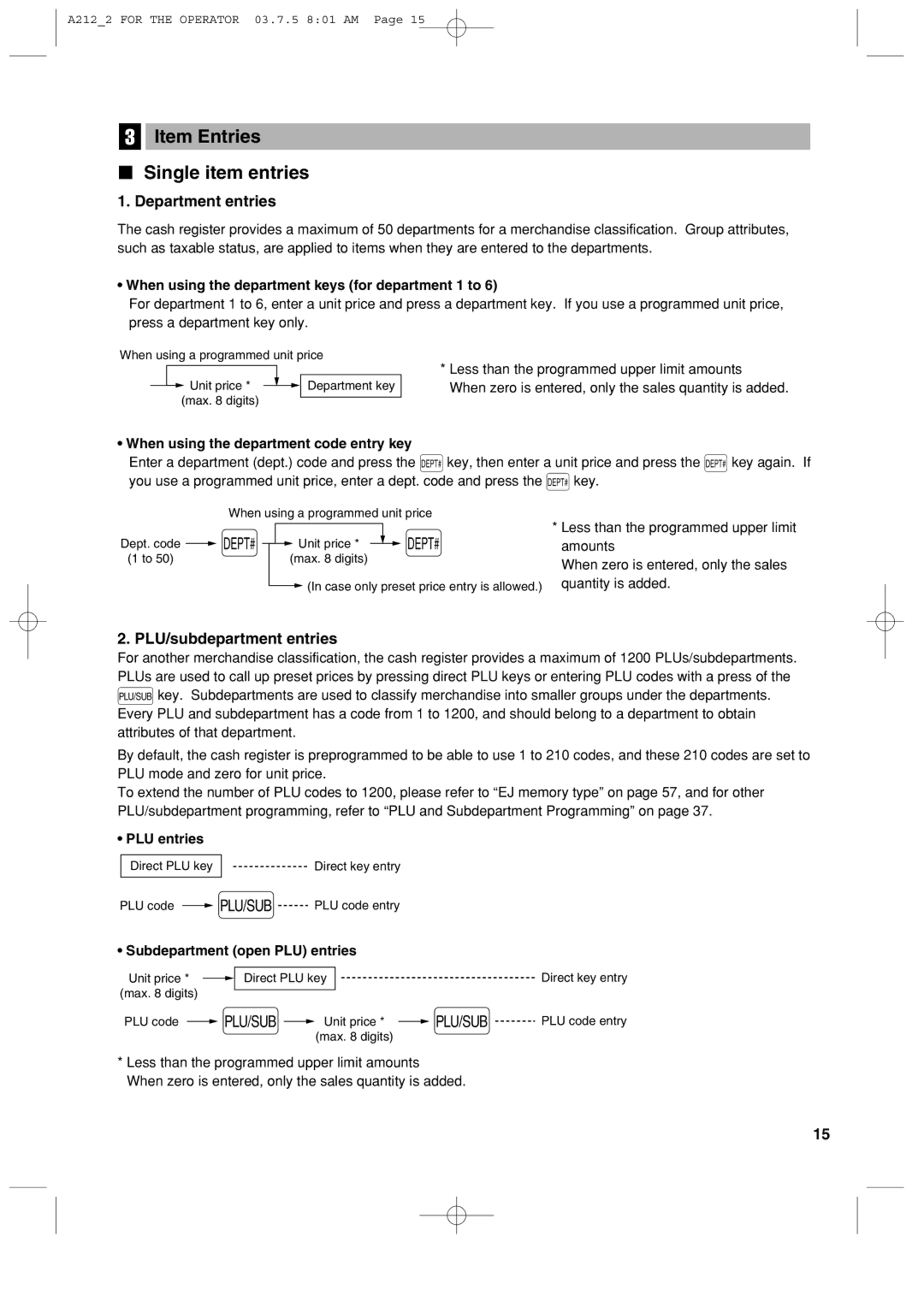 Sharp XE-A212 Item Entries Single item entries, When using the department keys for department 1 to, PLU entries 