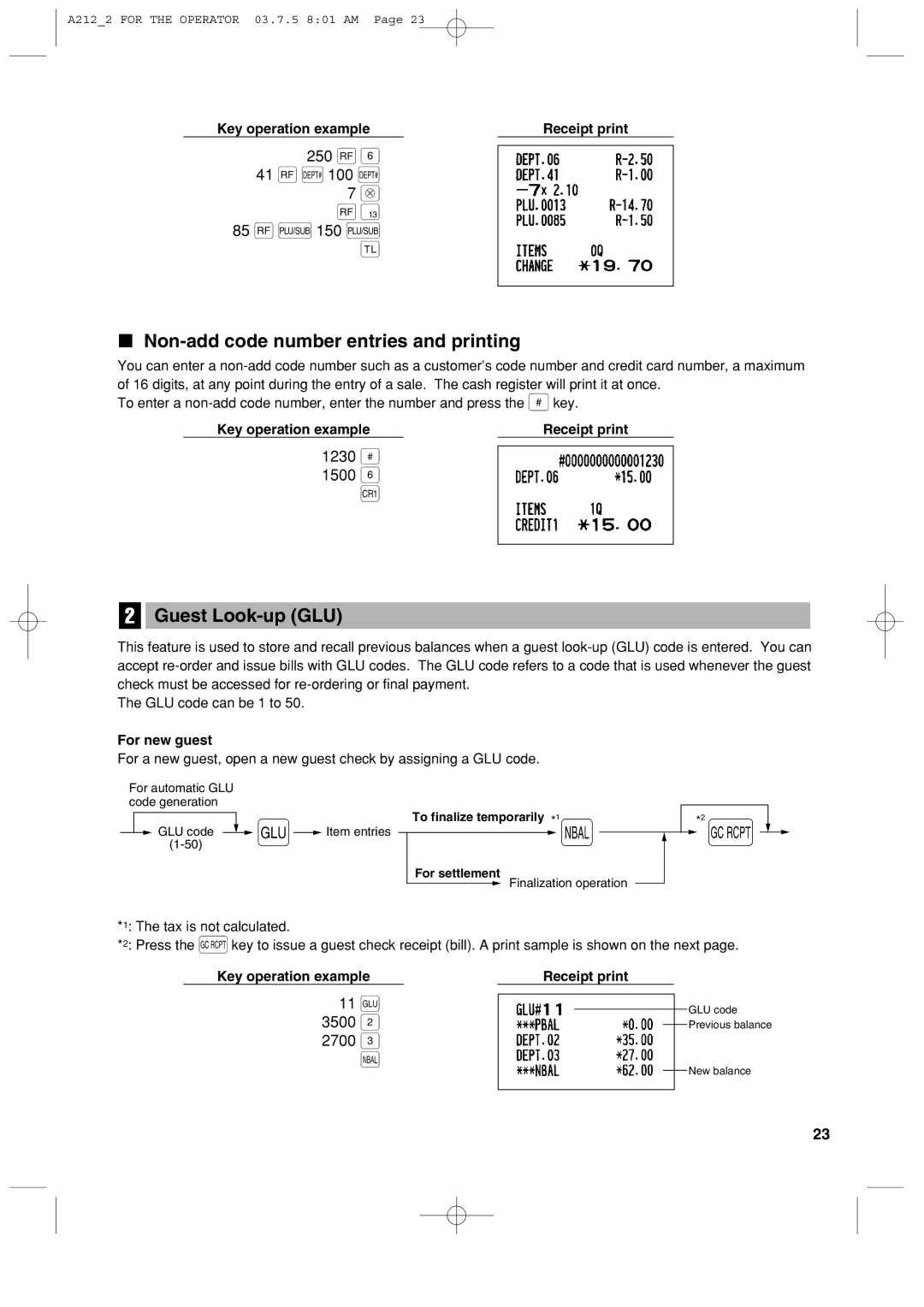 Sharp XE-A212 250 f 41 fd 100 d 85 fp 150 p, Non-add code number entries and printing, Guest Look-up GLU, 1230 N 1500 