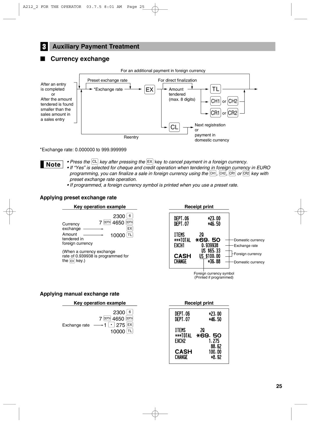 Sharp XE-A212 instruction manual Auxiliary Payment Treatment Currency exchange, 10000 a, 2300 4650 d 