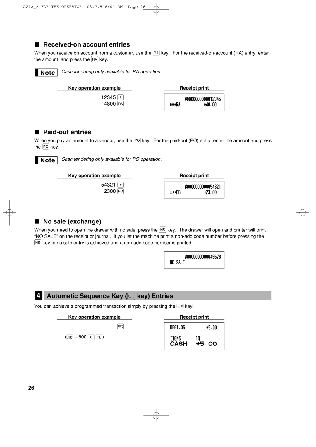 Sharp XE-A212 Received-on account entries, Paid-out entries, No sale exchange, Automatic Sequence Key a key Entries 