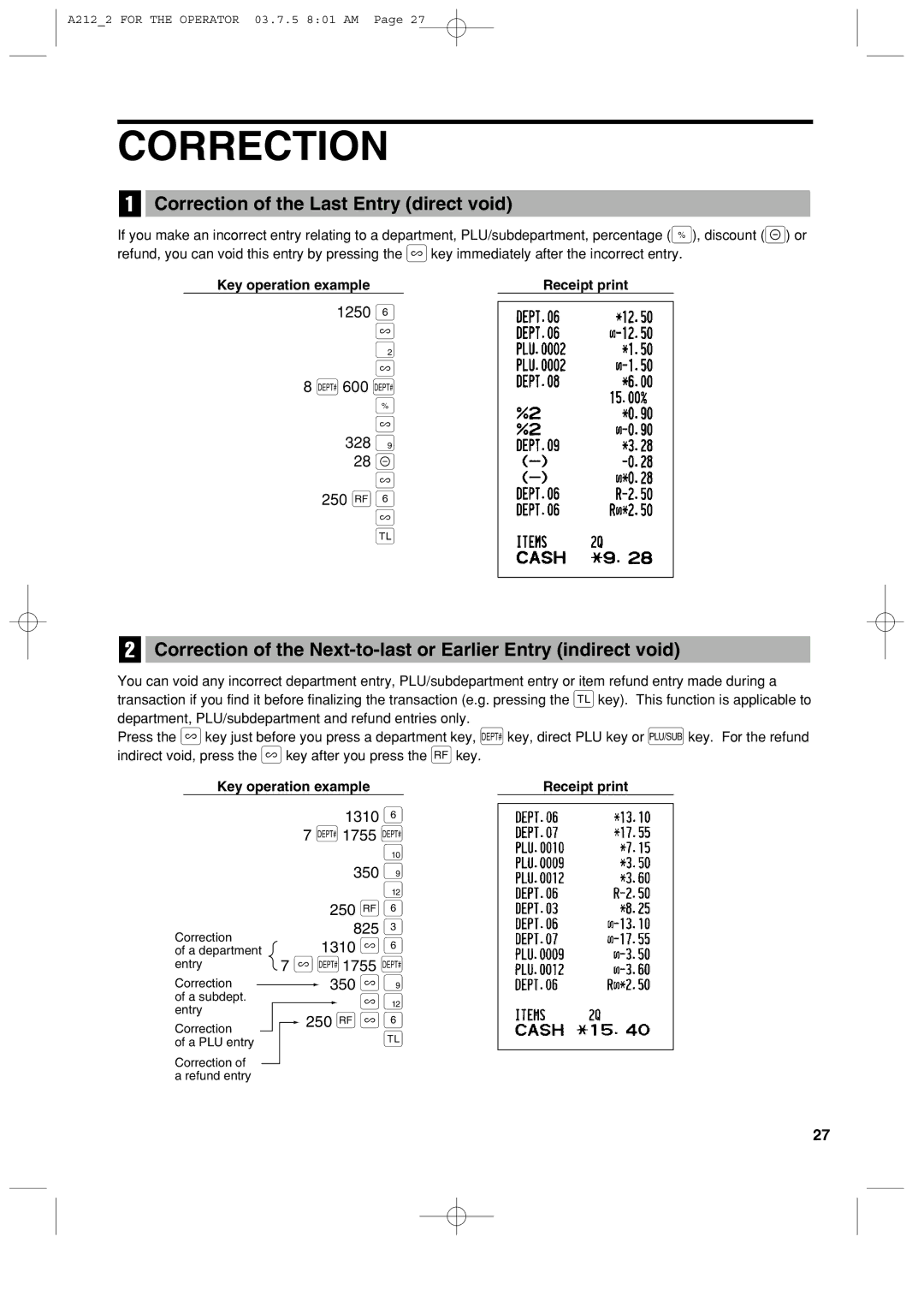 Sharp XE-A212 instruction manual 328 ª, Correction of the Last Entry direct void 