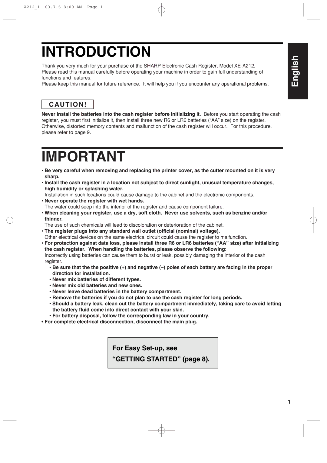 Sharp XE-A212 Introduction, U T I O N, For Easy Set-up, see Getting Started, Never operate the register with wet hands 