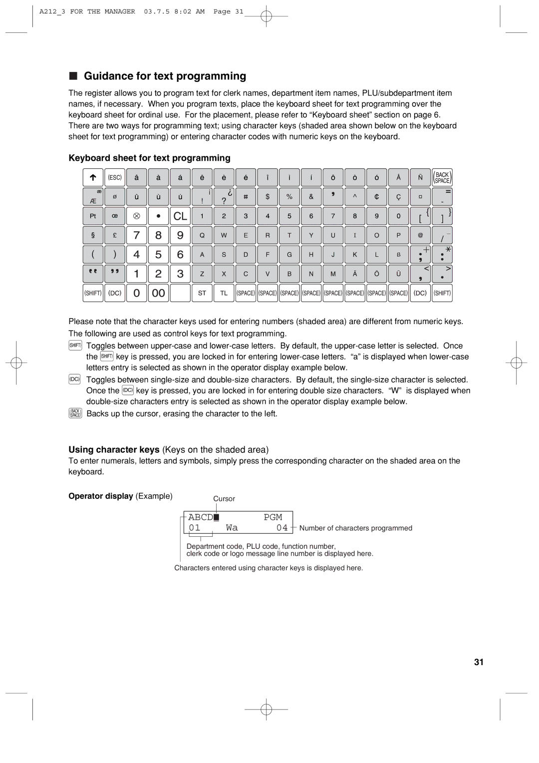 Sharp XE-A212 Guidance for text programming, Using character keys Keys on the shaded area, Operator display Example 