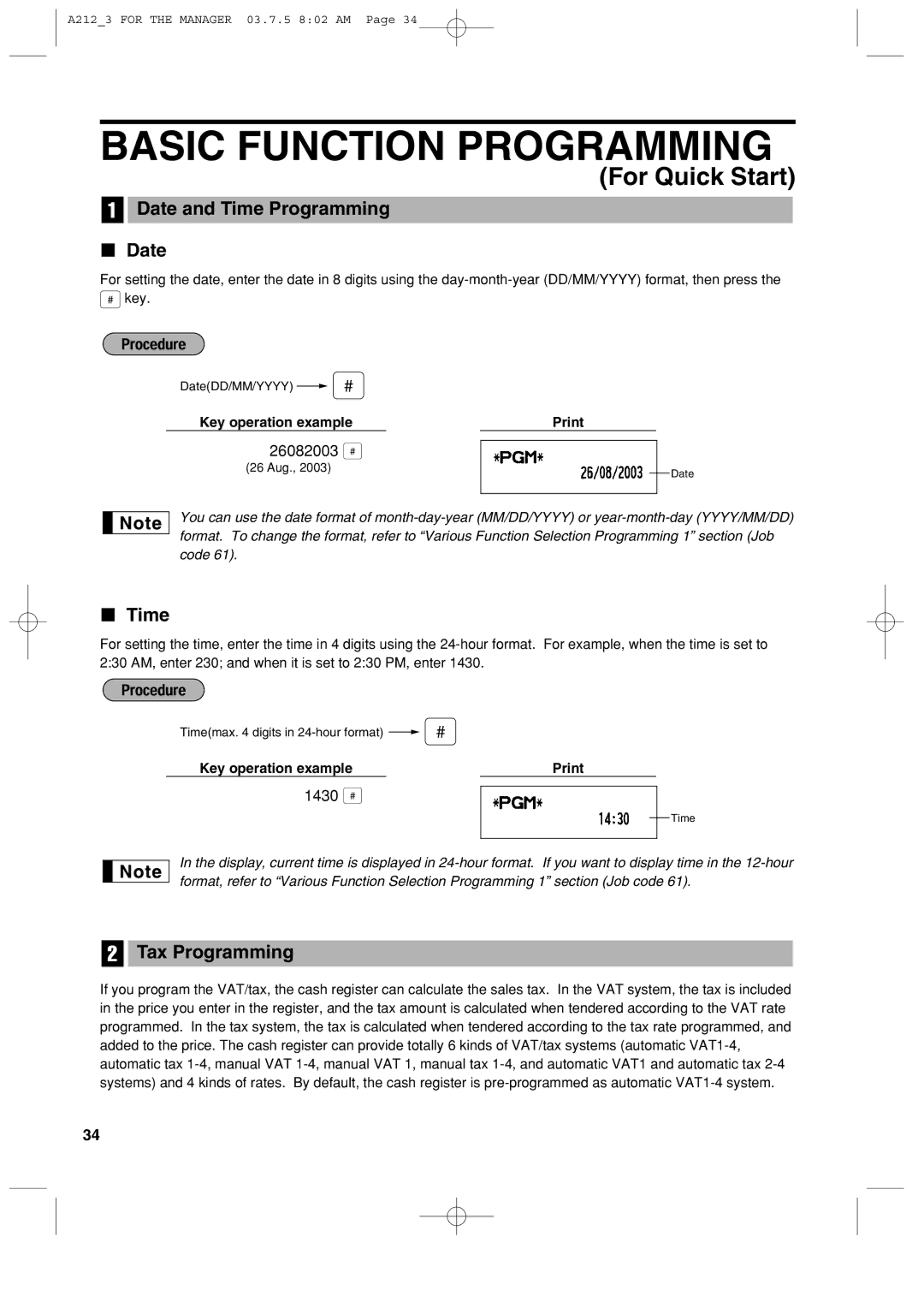 Sharp XE-A212 instruction manual Basic Function Programming, Date and Time Programming, Tax Programming 