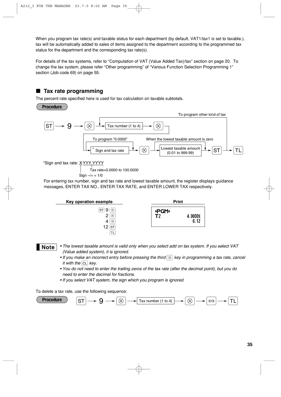 Sharp XE-A212 instruction manual 12 s, Tax rate programming, Key operation example Print 