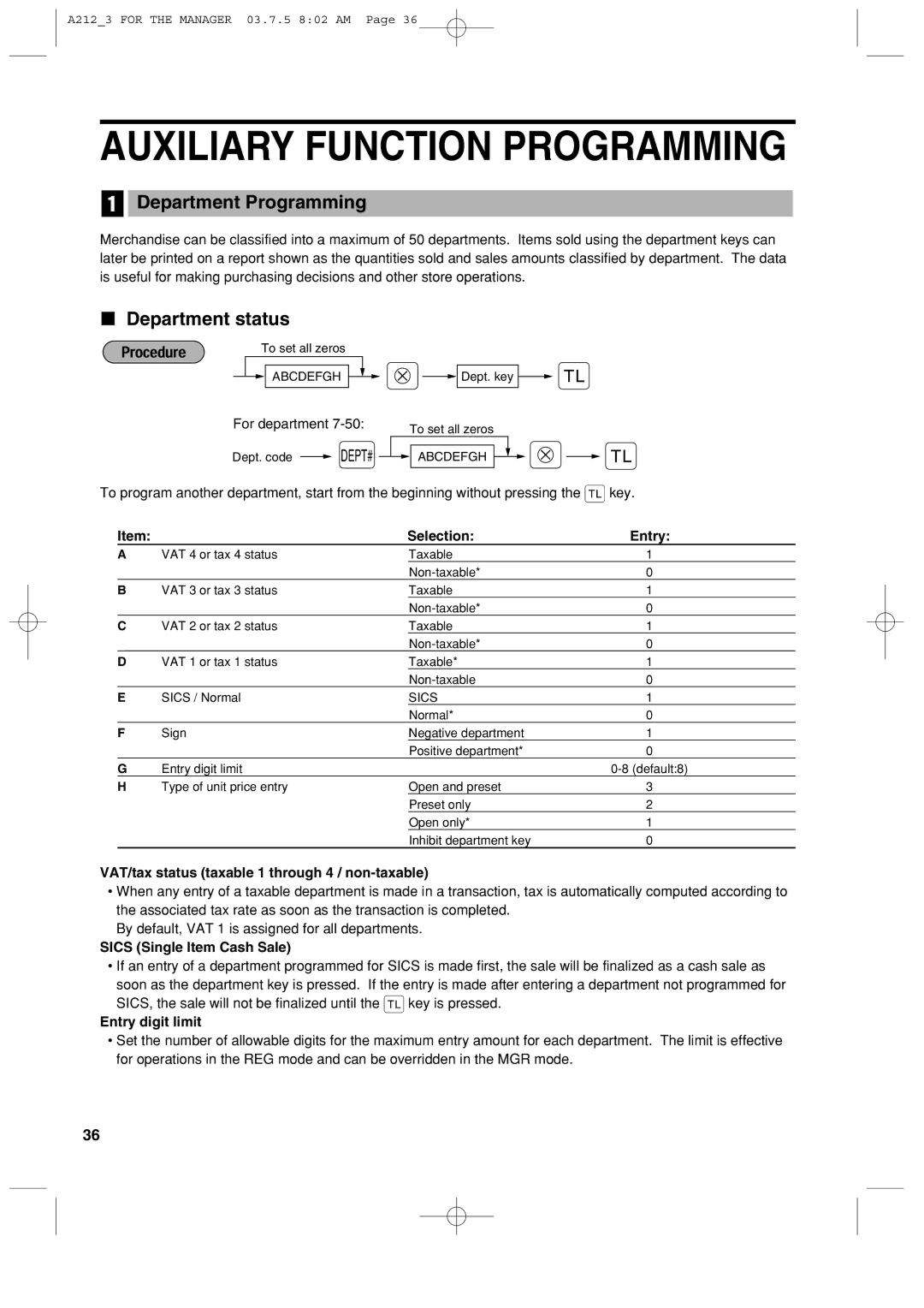 Sharp XE-A212 instruction manual Auxiliary Function Programming, Department Programming, Department status 