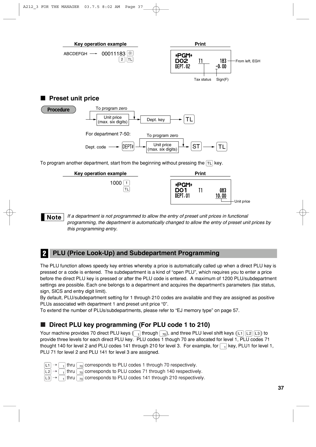 Sharp XE-A212 instruction manual Preset unit price, PLU Price Look-Up and Subdepartment Programming, Abcdefgh 00011183 @ 