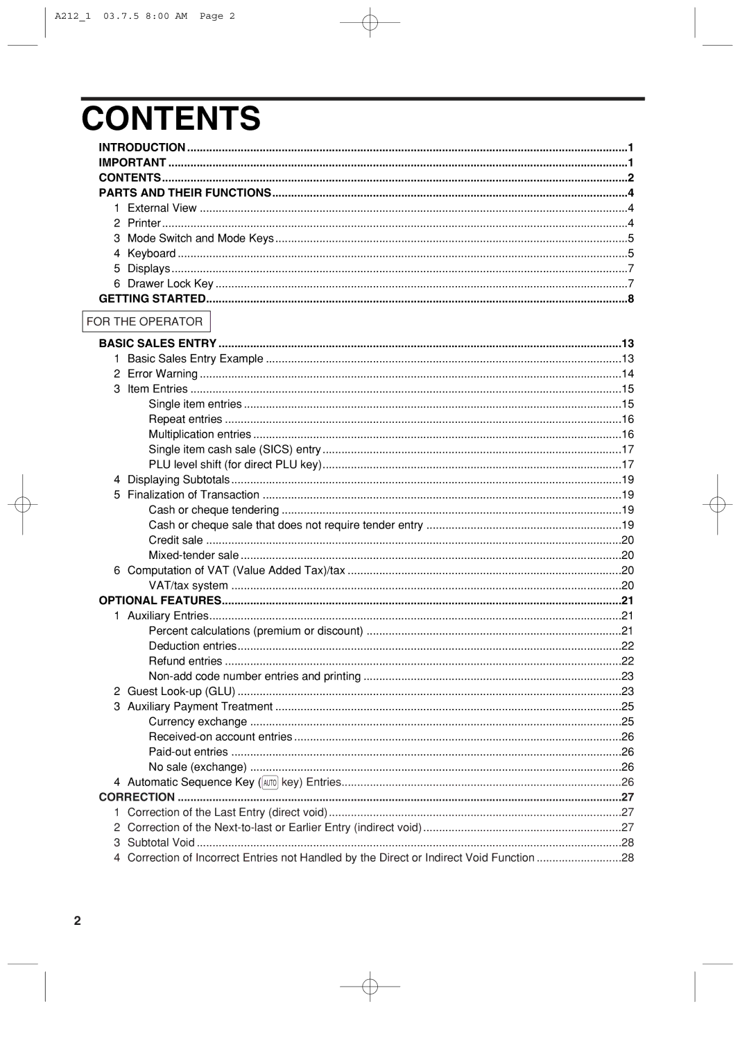 Sharp XE-A212 instruction manual Contents 