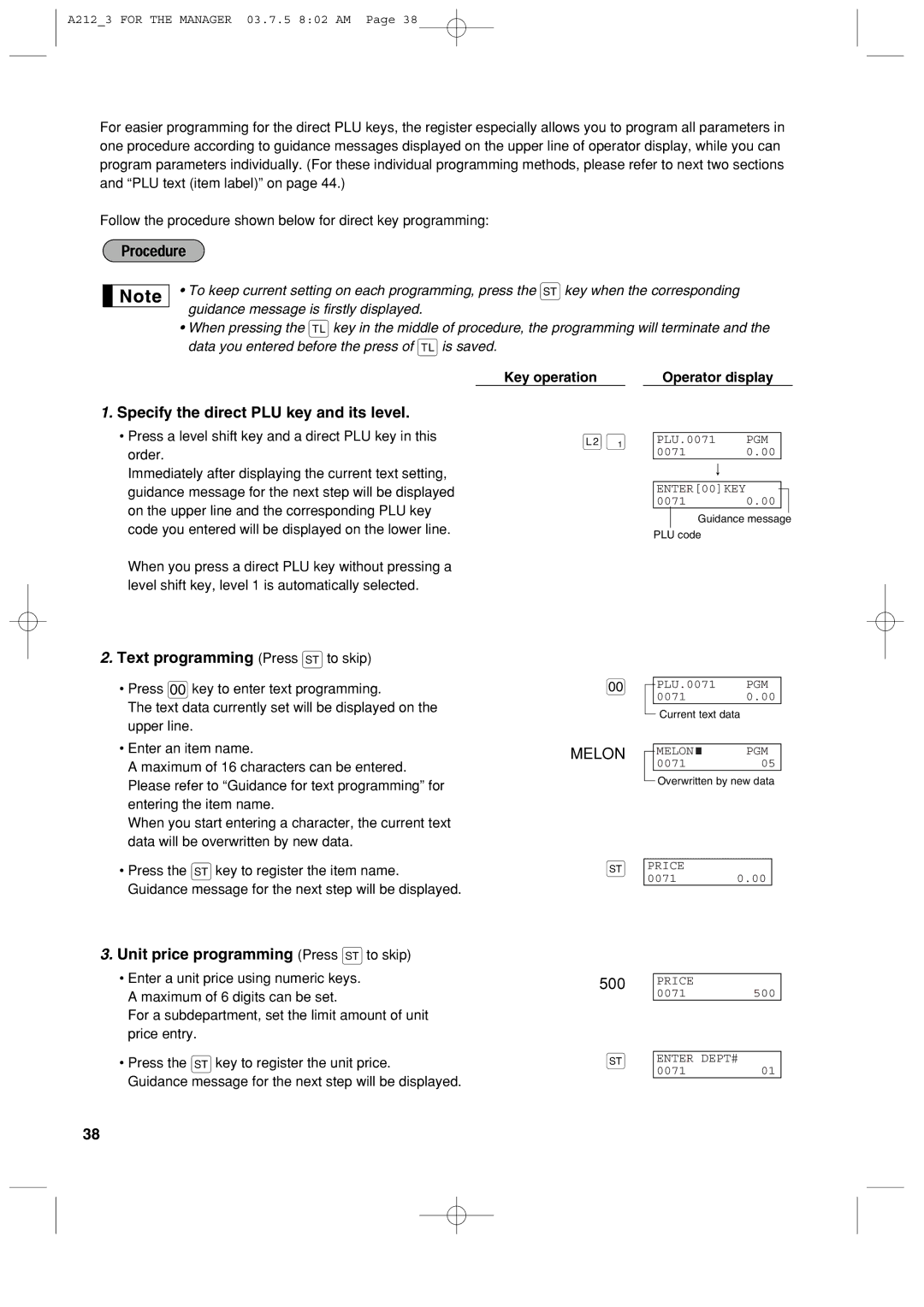 Sharp XE-A212 instruction manual Specify the direct PLU key and its level, Key operation Operator display 