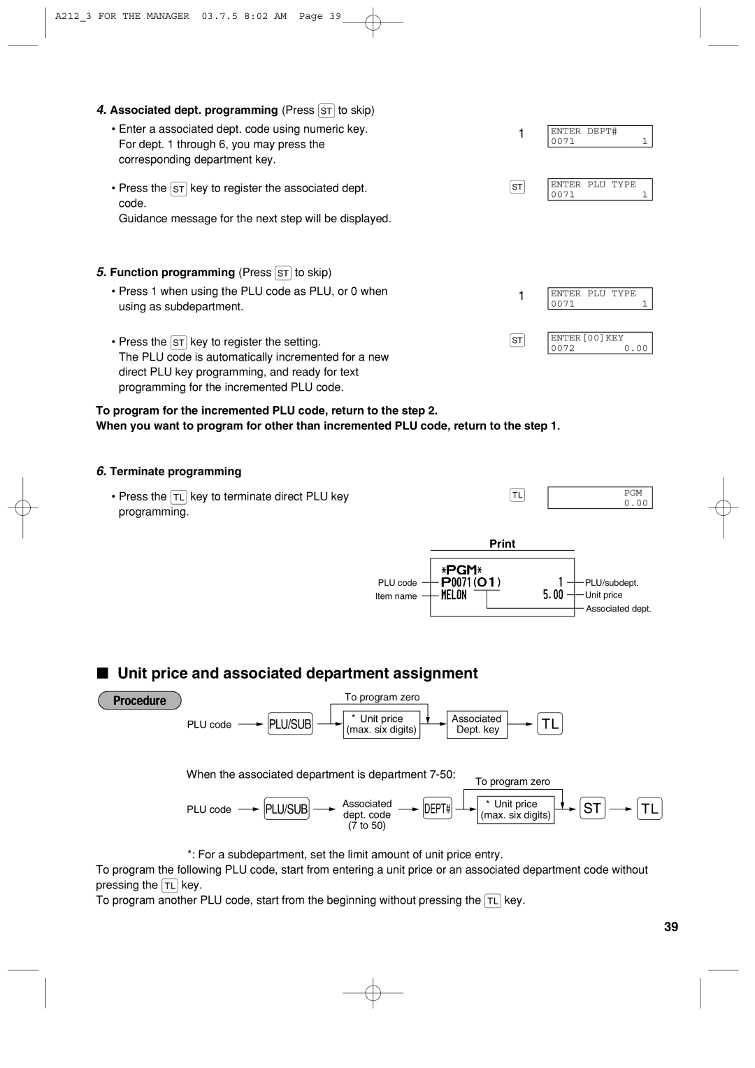 Sharp XE-A212 Unit price and associated department assignment, Associated dept. programming Press sto skip 