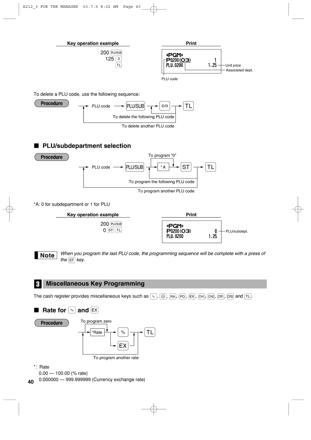 Sharp XE-A212 instruction manual 200 p 125 #, PLU/subdepartment selection, Miscellaneous Key Programming, Rate for % 