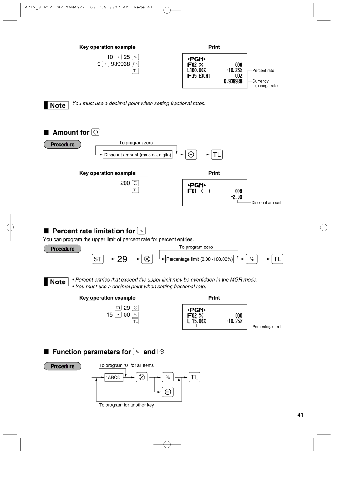 Sharp XE-A212 instruction manual 10 P 25 %, Amount for, Percent rate limitation for %, Function parameters for % 