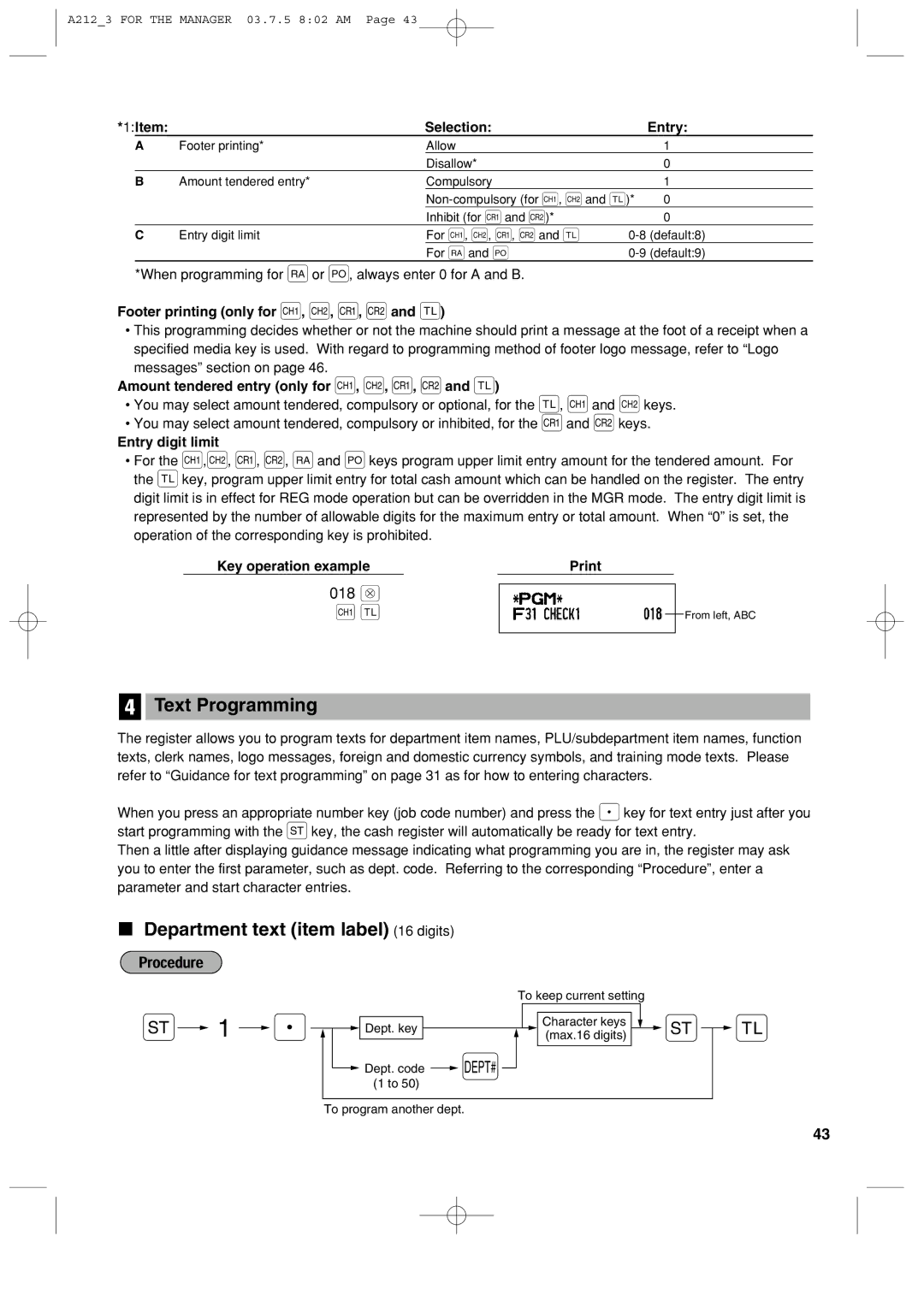 Sharp XE-A212 instruction manual Text Programming, Department text item label 16 digits, 018 @ 