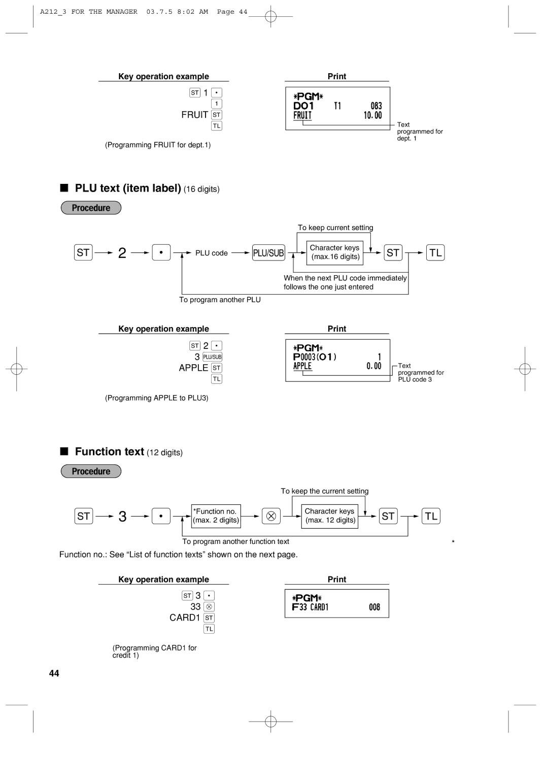 Sharp XE-A212 instruction manual PLU text item label 16 digits, Function text 12 digits, Fruit s, Apple s, 33 @ CARD1 s 